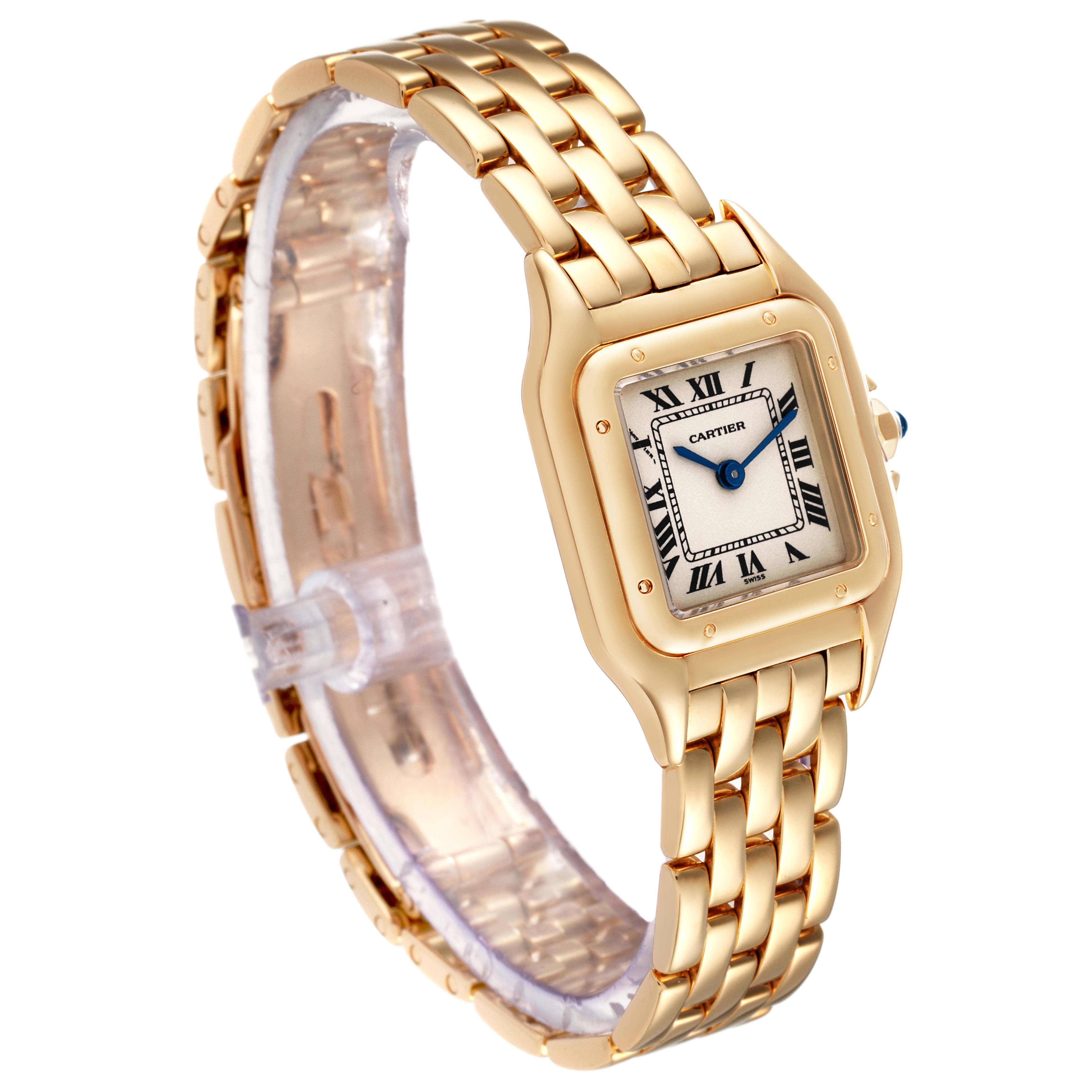 This image shows a close-up, angled view of the Cartier Panthère watch, highlighting its gold bracelet and square dial with Roman numerals.