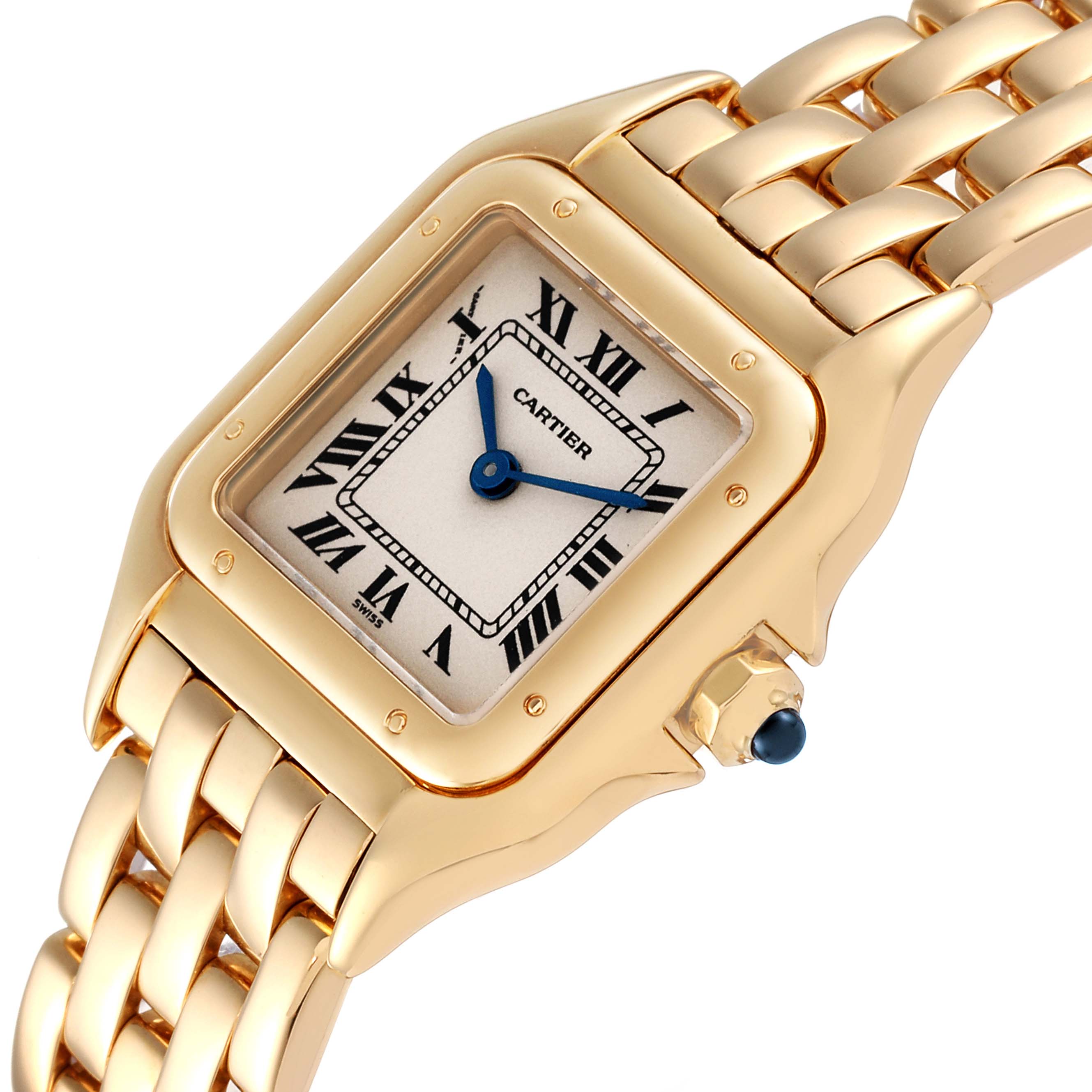 The image shows a Cartier Panthere W25022B9 Women's Yellow Gold Silver Dial W25022B9 Women's Yellow Gold Silver Dial watch at an angle, highlighting its gold casing, Roman numerals, blue hands, crown, and band.