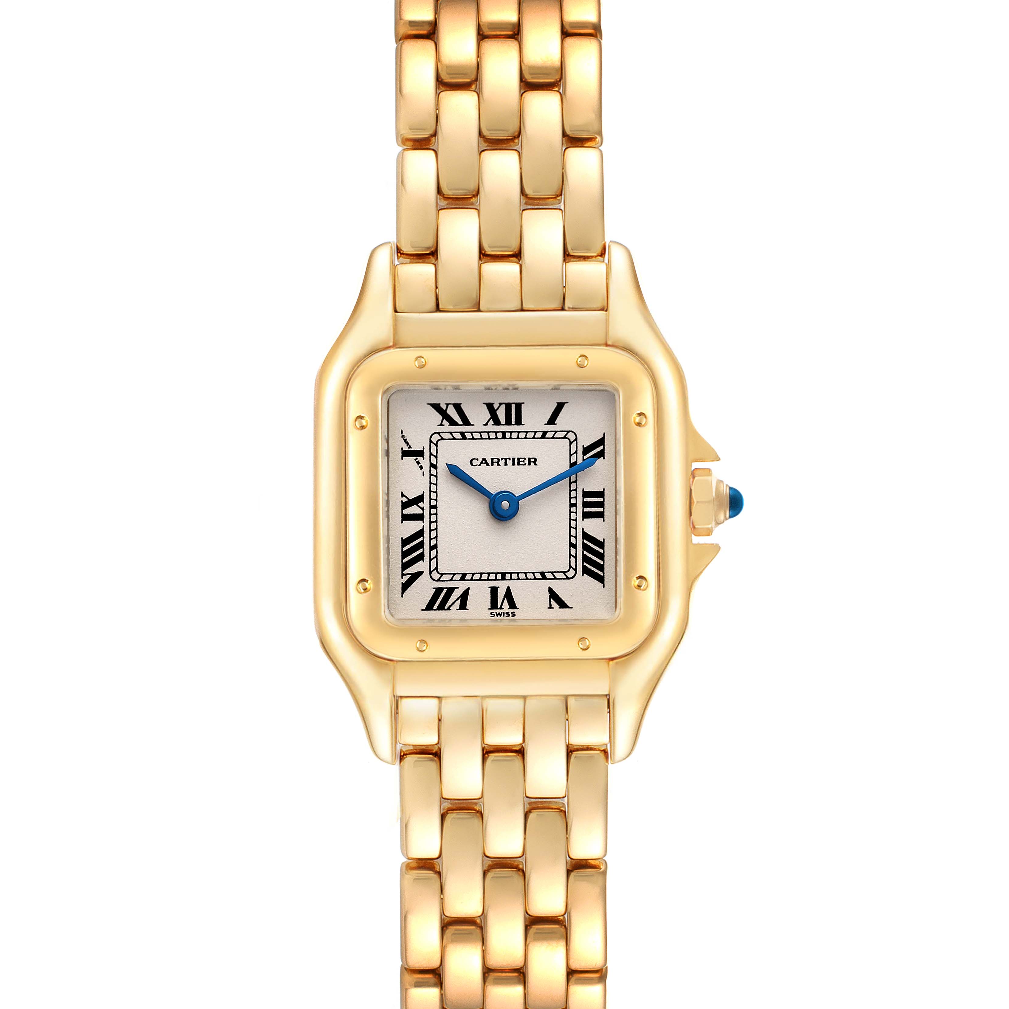 This image shows a frontal view of a Panthere model watch by Cartier, highlighting the gold bracelet and square face with Roman numerals.