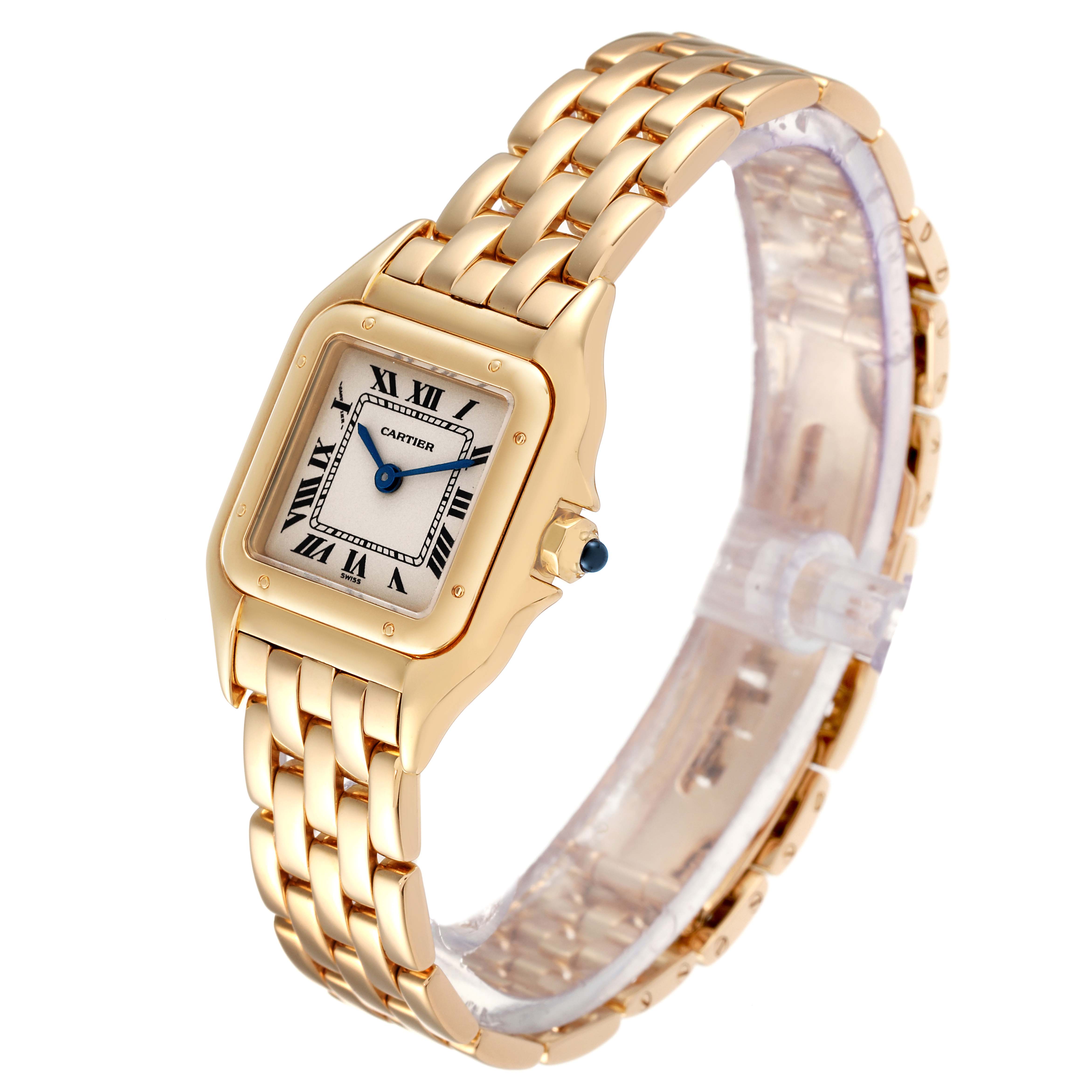 The Cartier Panthere W25022B9 Women's Yellow Gold Silver Dial W25022B9 Women's Yellow Gold Silver Dial watch is shown at an angle displaying its face, band, and side, highlighting its gold color and Roman numerals.