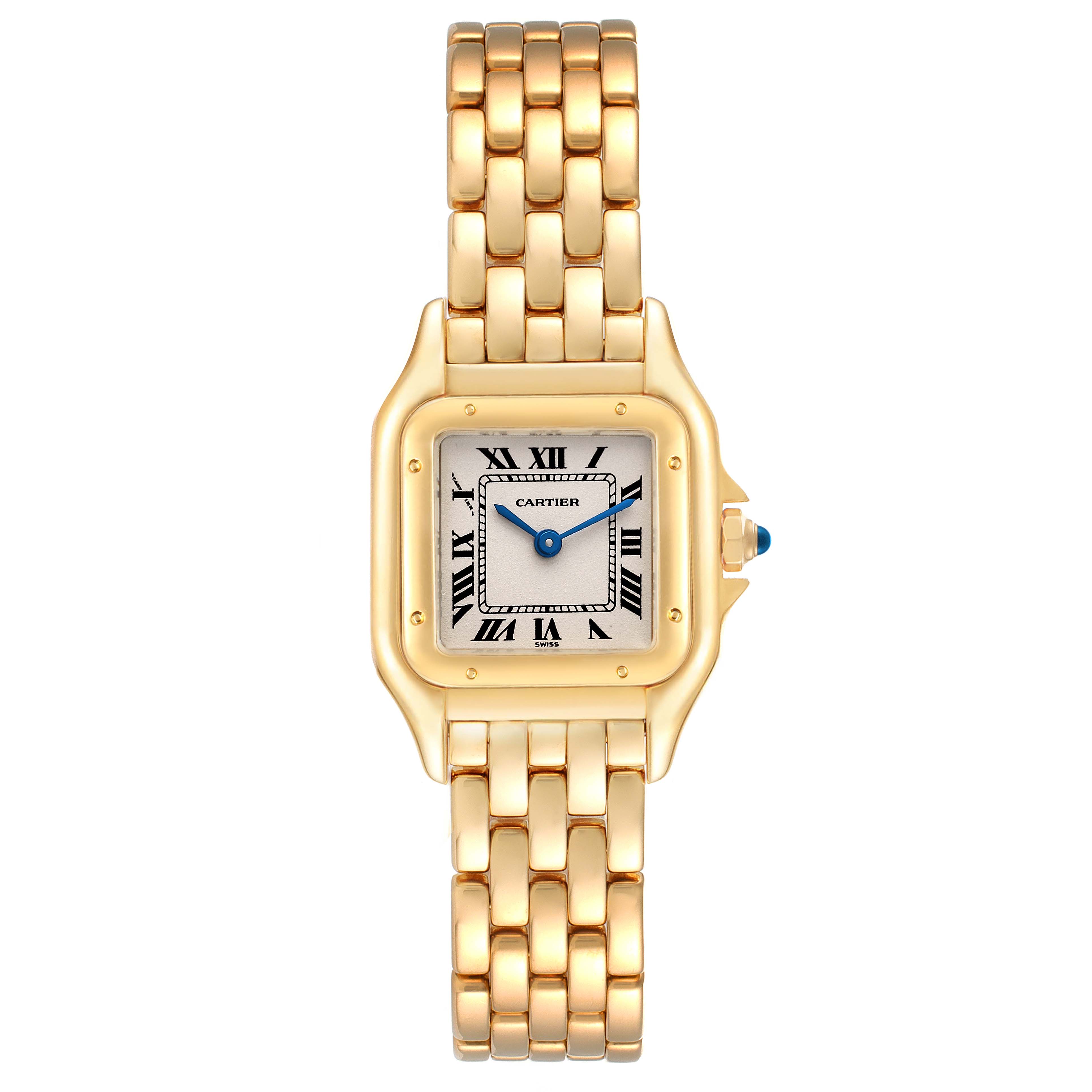 This image shows the front view of a Cartier Panthere W25022B9 Women's Yellow Gold Silver Dial W25022B9 Women's Yellow Gold Silver Dial model watch with a gold case and bracelet.