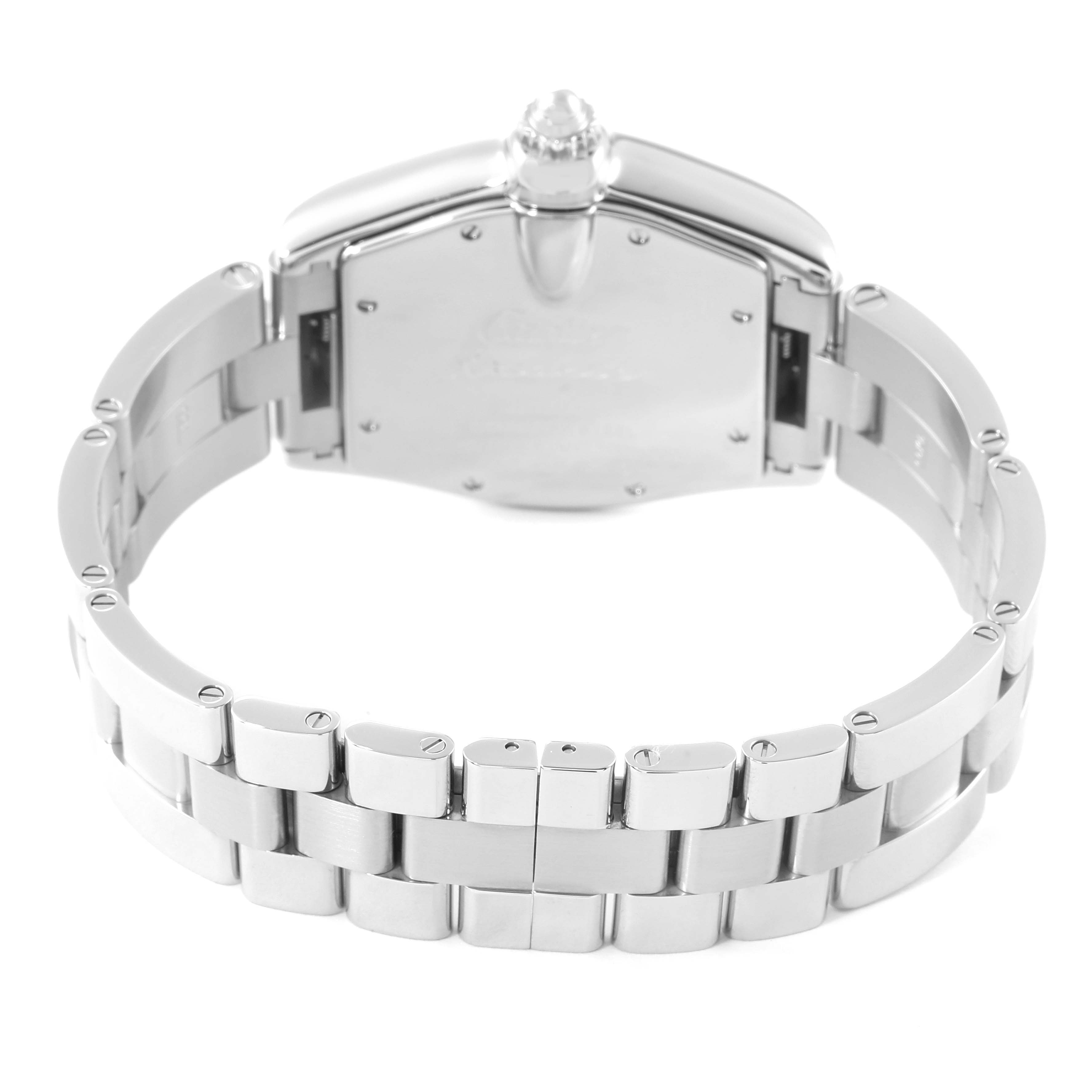 This image shows the back case and bracelet of a Cartier Roadster W62025V3 Men
s Stainless Steel Silver Dial W62025V3 Men
s Stainless Steel Silver Dial watch from a rear angle.