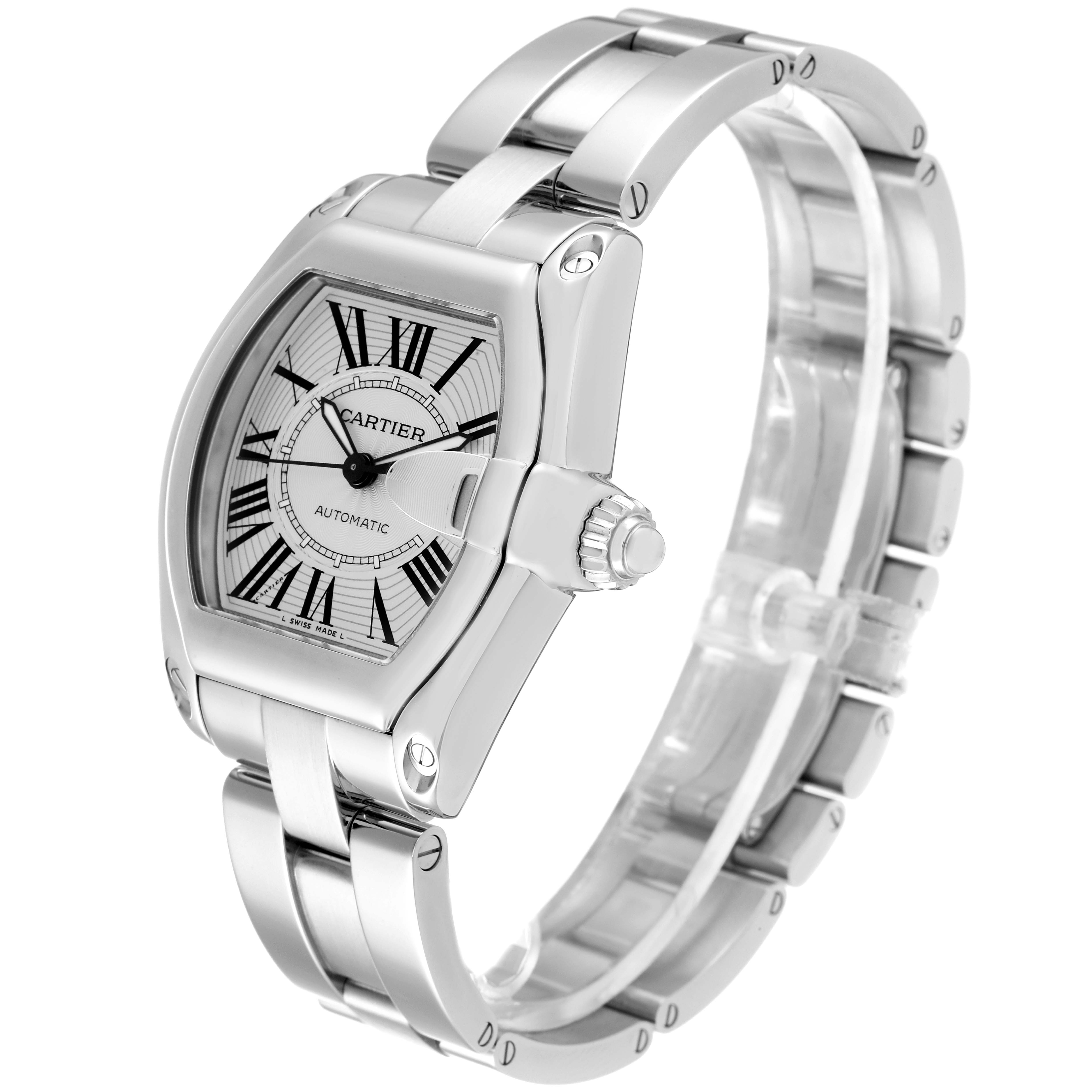 This Cartier Roadster W62025V3 Men
s Stainless Steel Silver Dial W62025V3 Men
s Stainless Steel Silver Dial model watch is shown at a slight angle, displaying the face, crown, and metal bracelet.