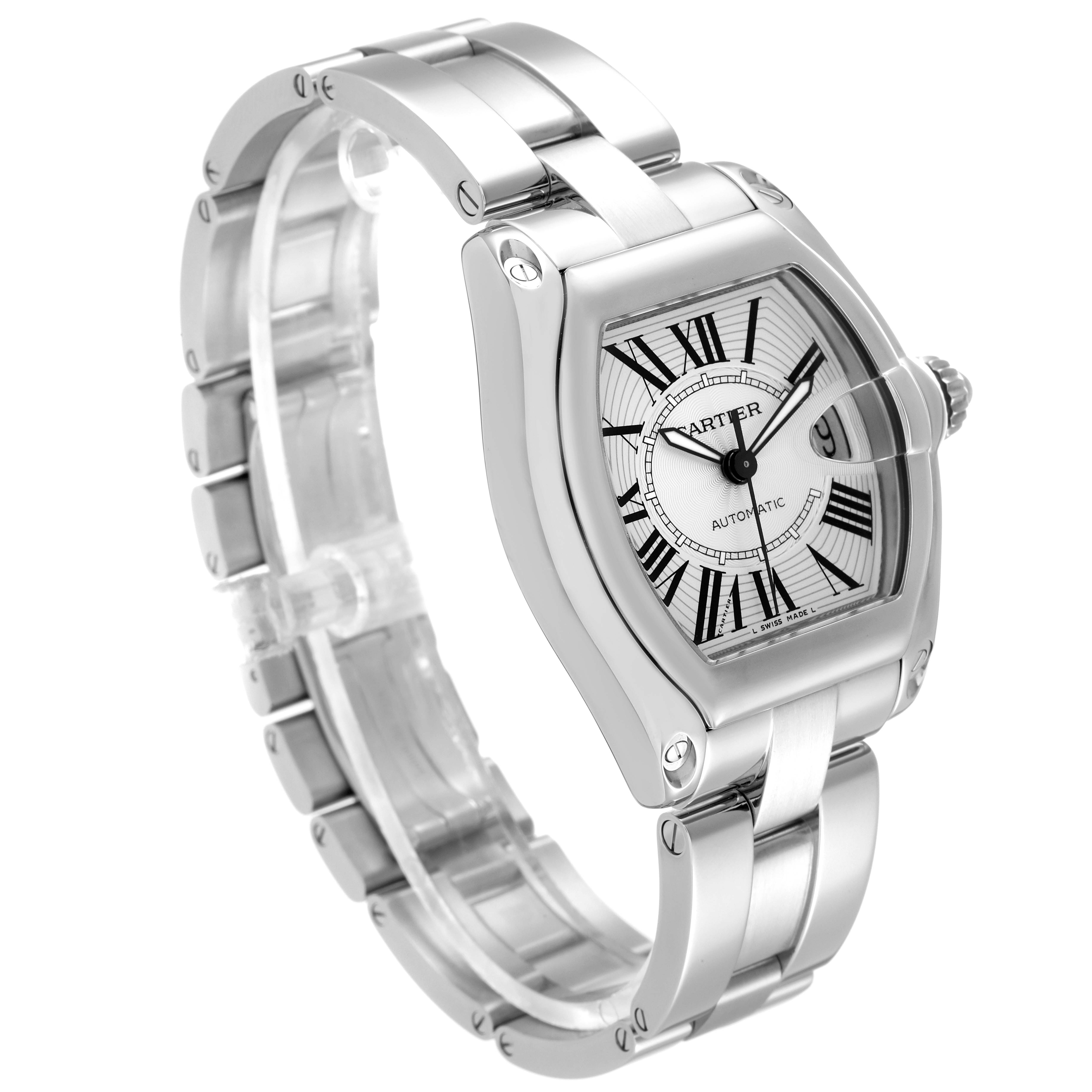 The Cartier Roadster W62025V3 Men
s Stainless Steel Silver Dial W62025V3 Men
s Stainless Steel Silver Dial watch is shown at an angle highlighting its silver bracelet and distinctive rectangular face with Roman numerals.
