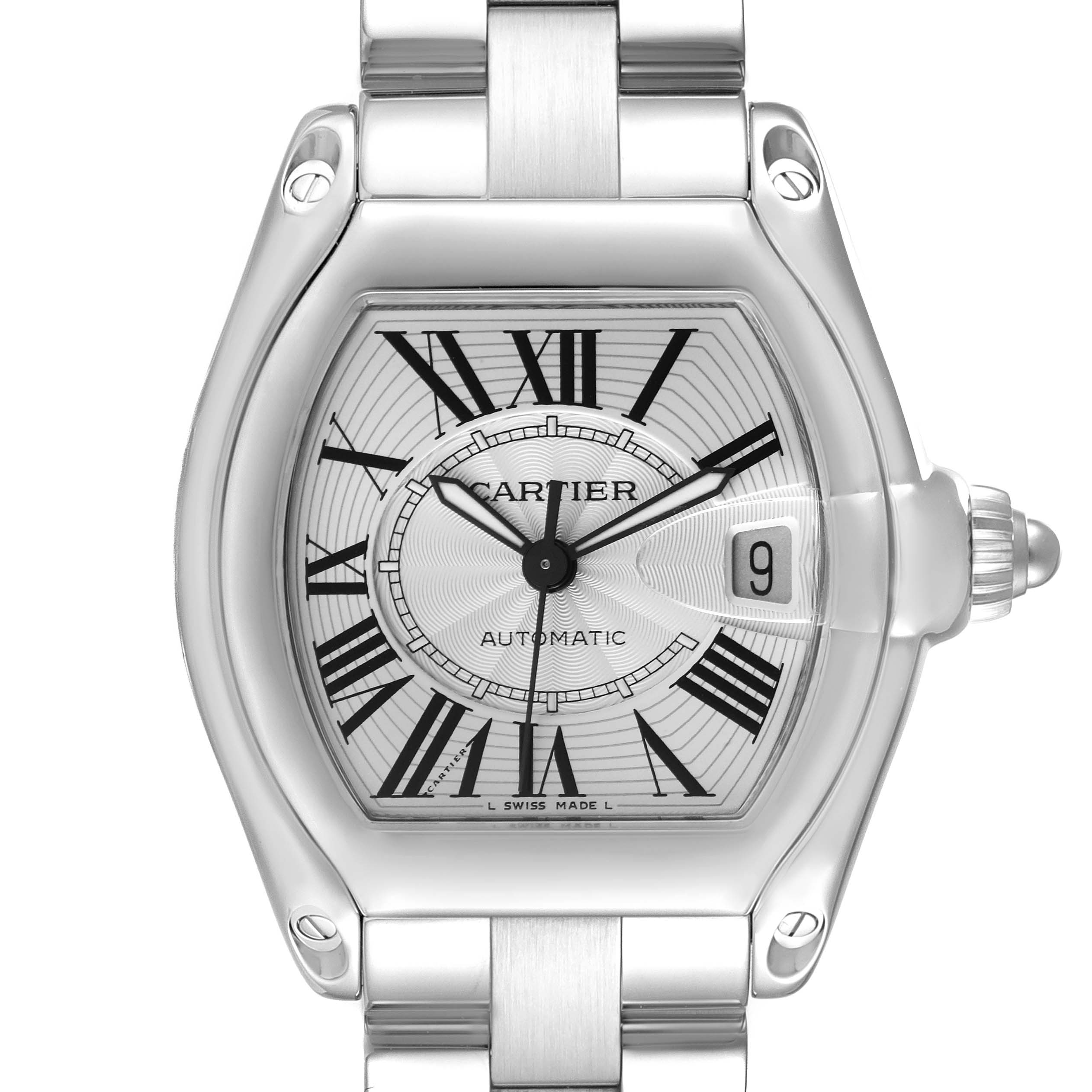 The image shows a Cartier Roadster W62025V3 Men
s Stainless Steel Silver Dial W62025V3 Men
s Stainless Steel Silver Dial watch face and part of the metal bracelet from a frontal angle.