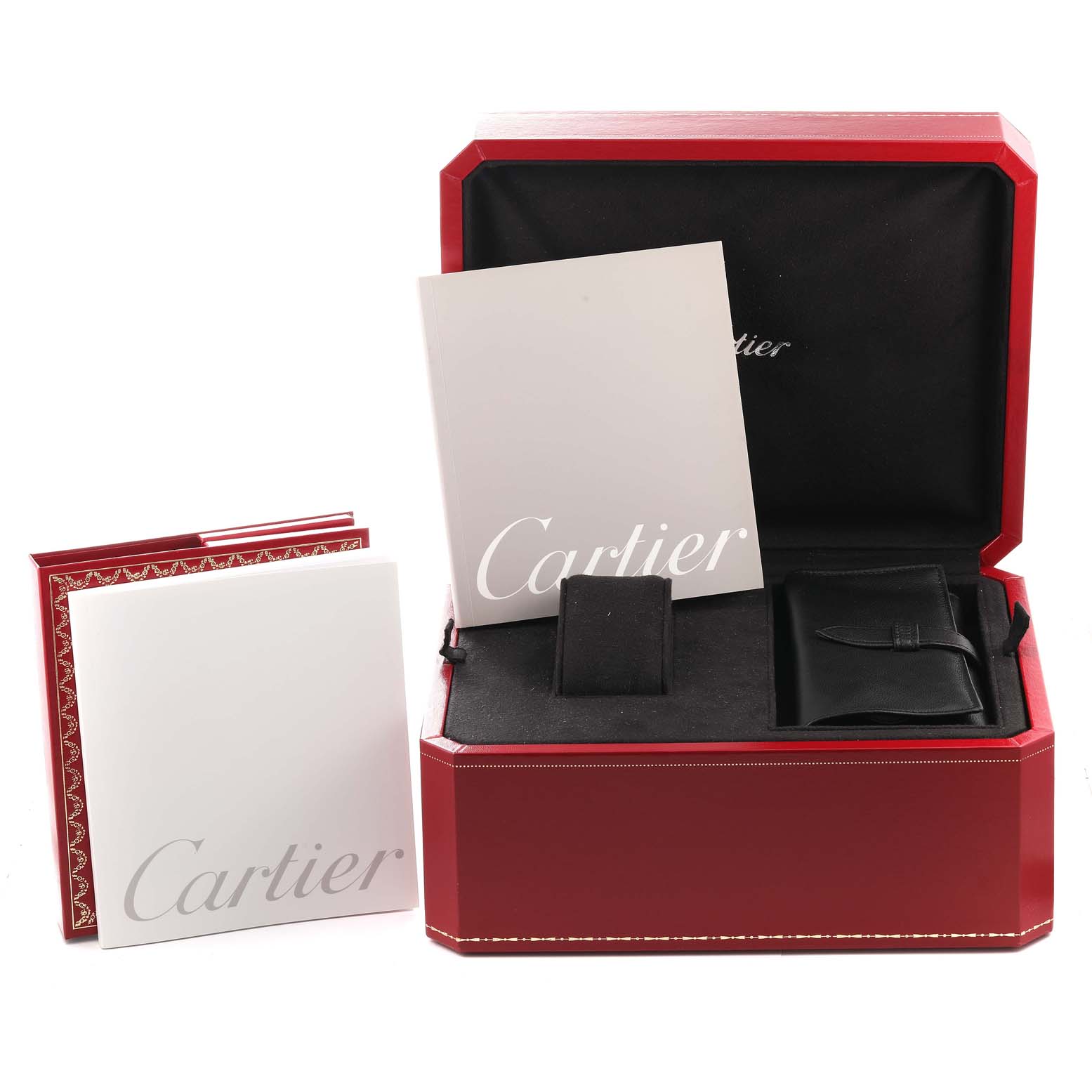 The image shows the packaging and accessories of the Cartier Roadster W62025V3 Men
s Stainless Steel Silver Dial W62025V3 Men
s Stainless Steel Silver Dial, including the box, booklet, and warranty card.