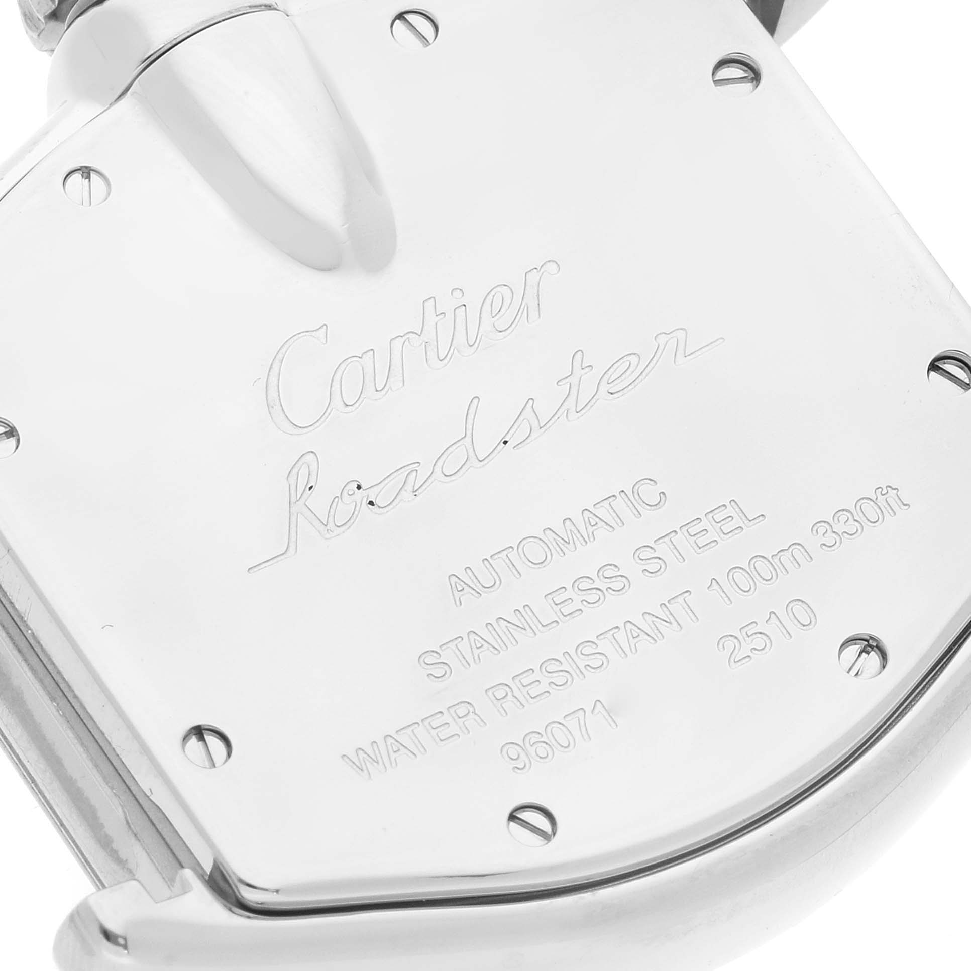 The image shows the back case of the Cartier Roadster W62025V3 Men
s Stainless Steel Silver Dial W62025V3 Men
s Stainless Steel Silver Dial watch, displaying details like material, water resistance, and model information.