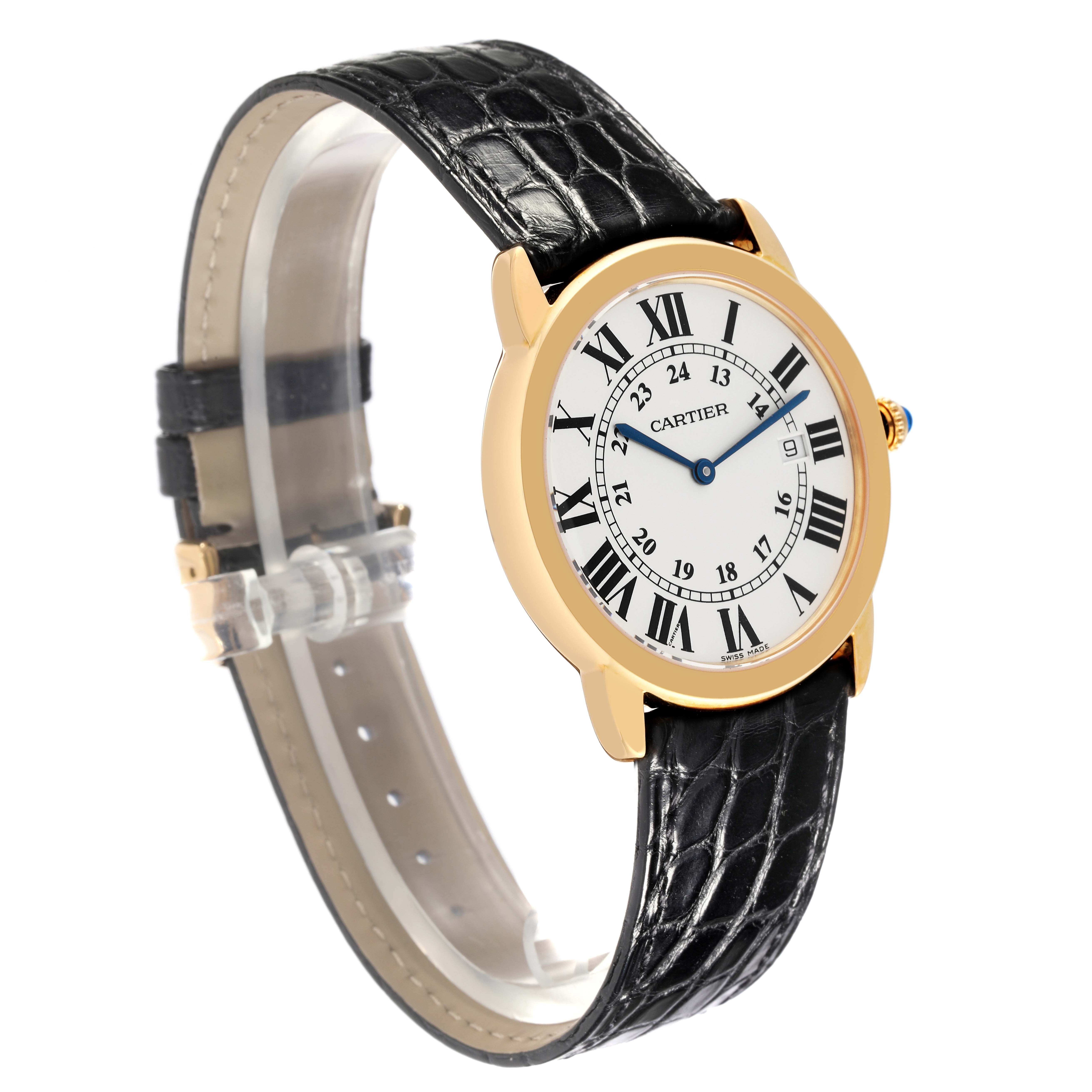 The Cartier Ronde W6700455 Men
s Steel and Gold (two tone) Silver Dial W6700455 Men
s Steel and Gold (two tone) Silver Dial watch is shown at a three-quarter angle, highlighting its black leather strap, gold case, and white dial with Roman numerals.