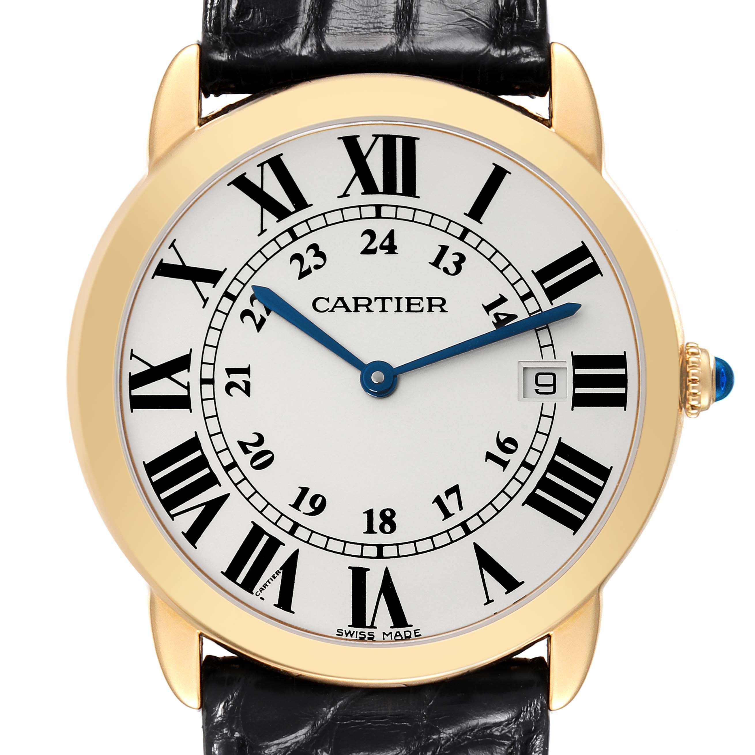 This image shows a close-up view of the Cartier Ronde W6700455 Men
s Steel and Gold (two tone) Silver Dial W6700455 Men
s Steel and Gold (two tone) Silver Dial watch, highlighting its face, gold casing, and black leather strap.