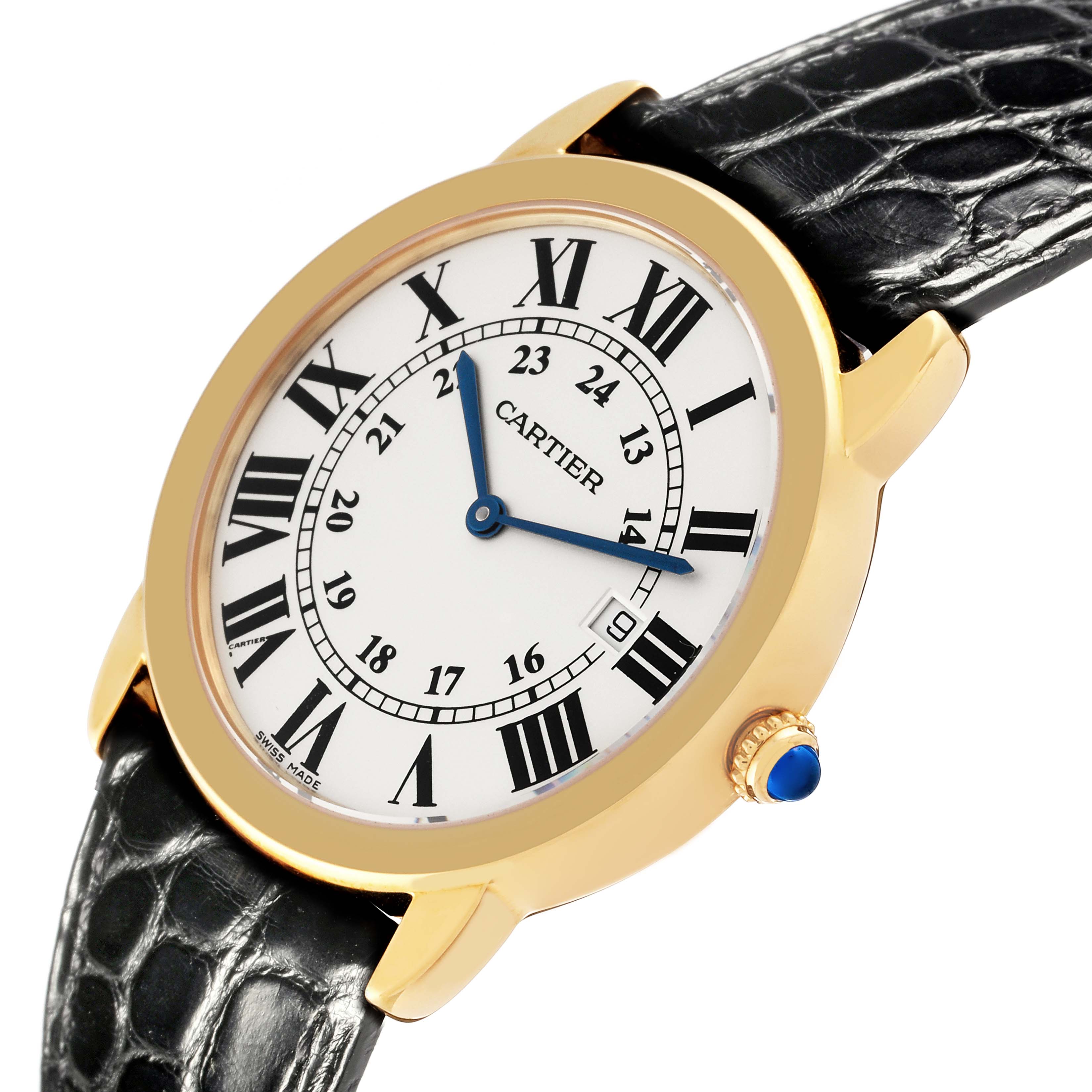 The Cartier Ronde W6700455 Men
s Steel and Gold (two tone) Silver Dial W6700455 Men
s Steel and Gold (two tone) Silver Dial model watch is shown at an angled view, highlighting its face, case, crown, and leather strap.