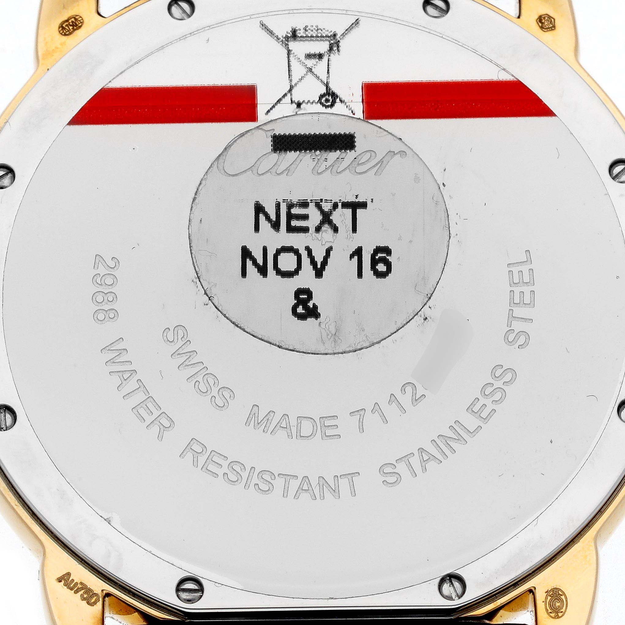 The image shows the back case of a Ronde model watch by Cartier, highlighting its water resistance and Swiss-made details.