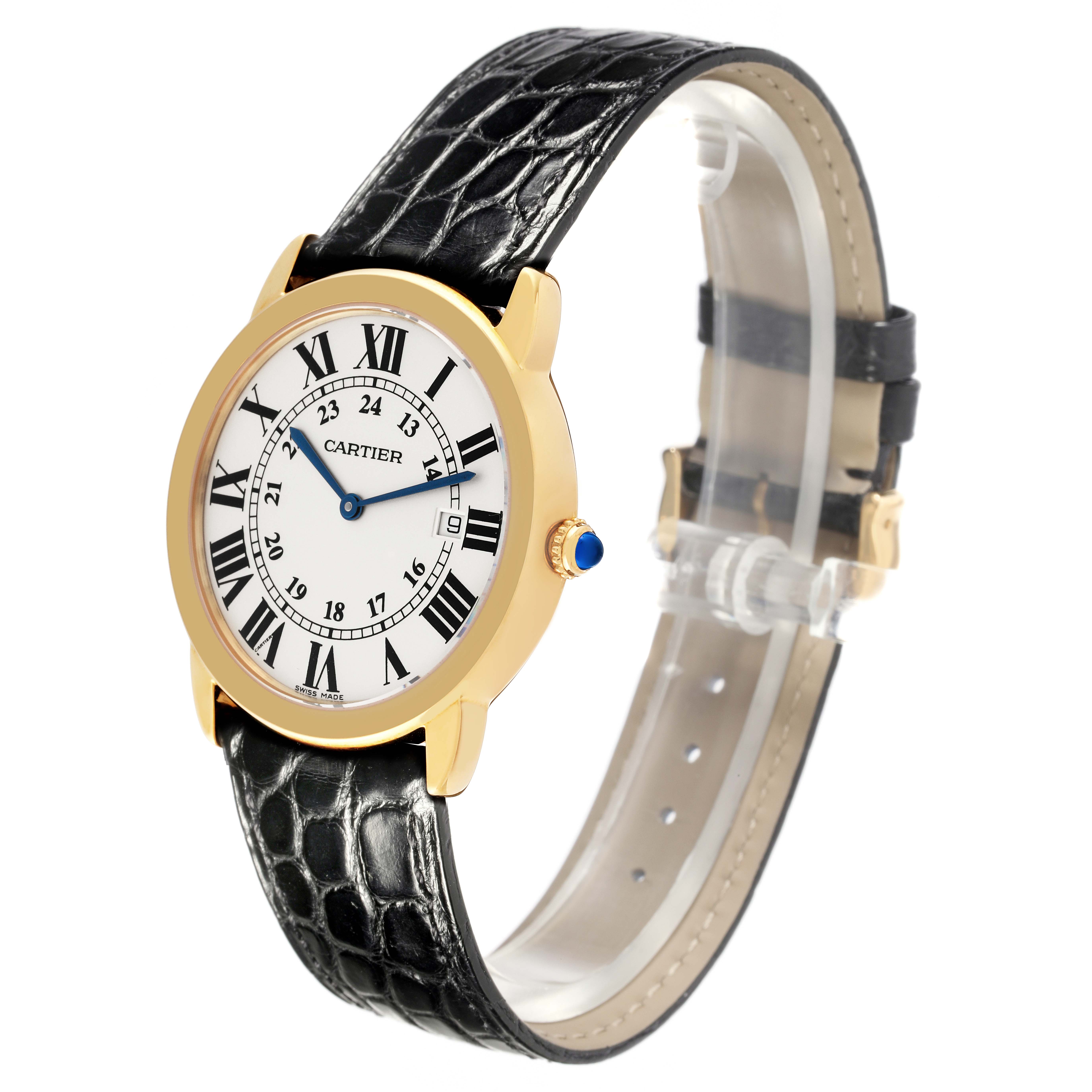 The Cartier Ronde W6700455 Men
s Steel and Gold (two tone) Silver Dial W6700455 Men
s Steel and Gold (two tone) Silver Dial watch is shown at a three-quarter angle, displaying its round face, Roman numerals, and black leather strap.