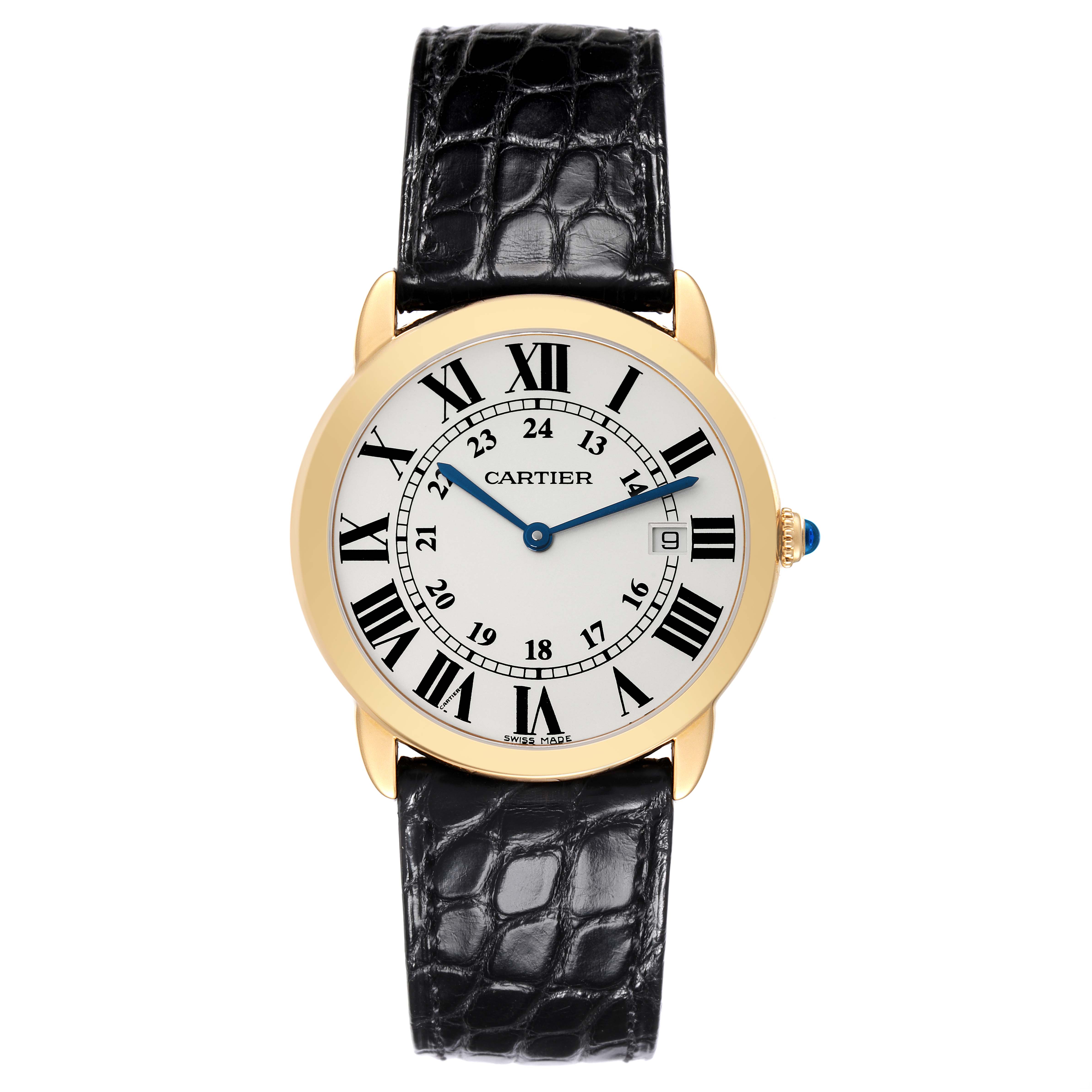 The image shows a Cartier Ronde W6700455 Men
s Steel and Gold (two tone) Silver Dial W6700455 Men
s Steel and Gold (two tone) Silver Dial watch from a top view, displaying the face, bezel, crown, and black leather strap.