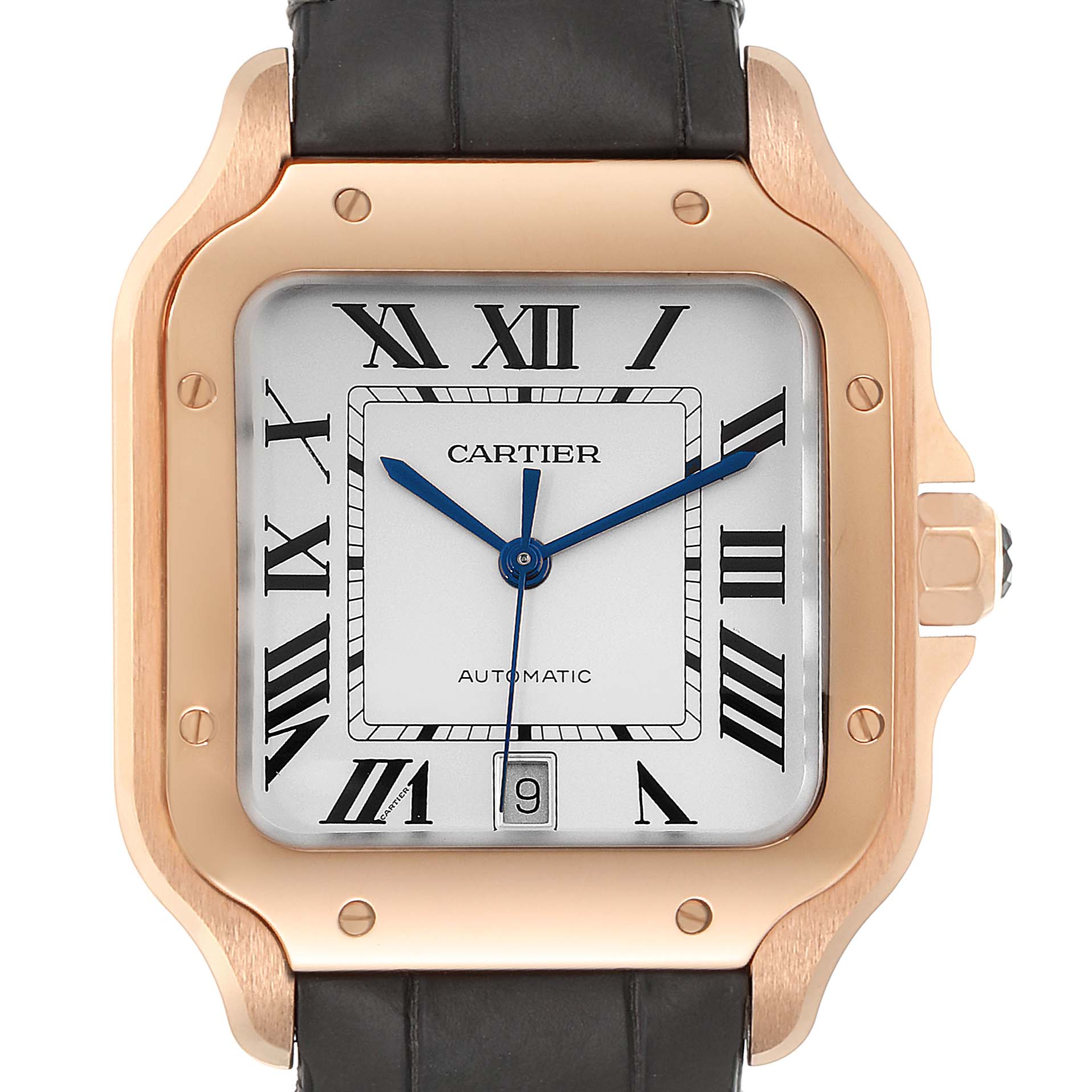 This image shows a front view of a Cartier Santos WGSA0011 Men's Rose Gold Silver Dial WGSA0011 Men's Rose Gold Silver Dial watch, highlighting its face, bezel, and crown.