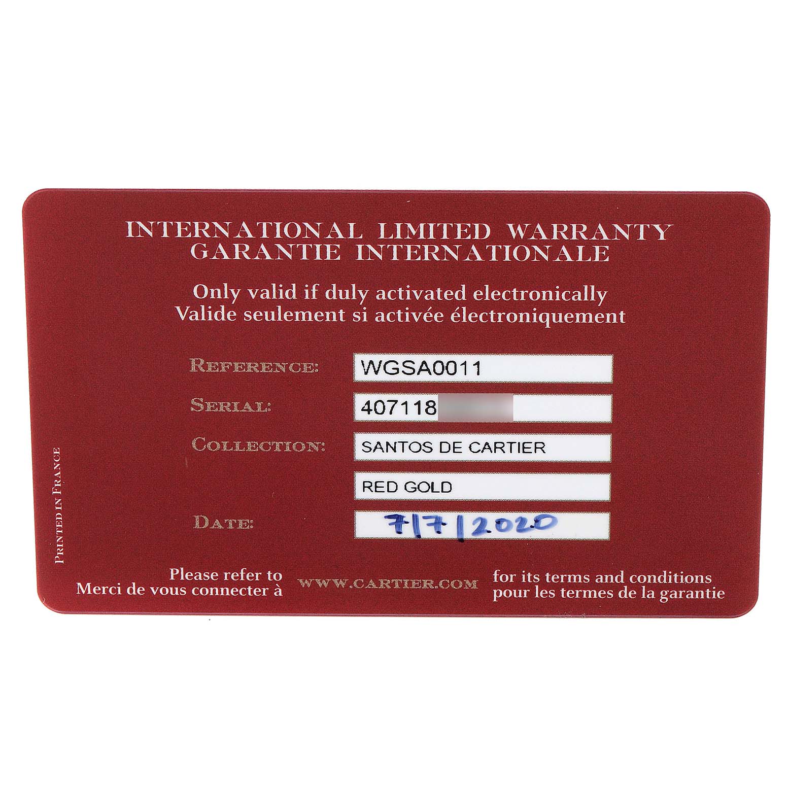 The image shows an International Limited Warranty card for a Santos de Cartier watch, providing reference, serial number, and date.