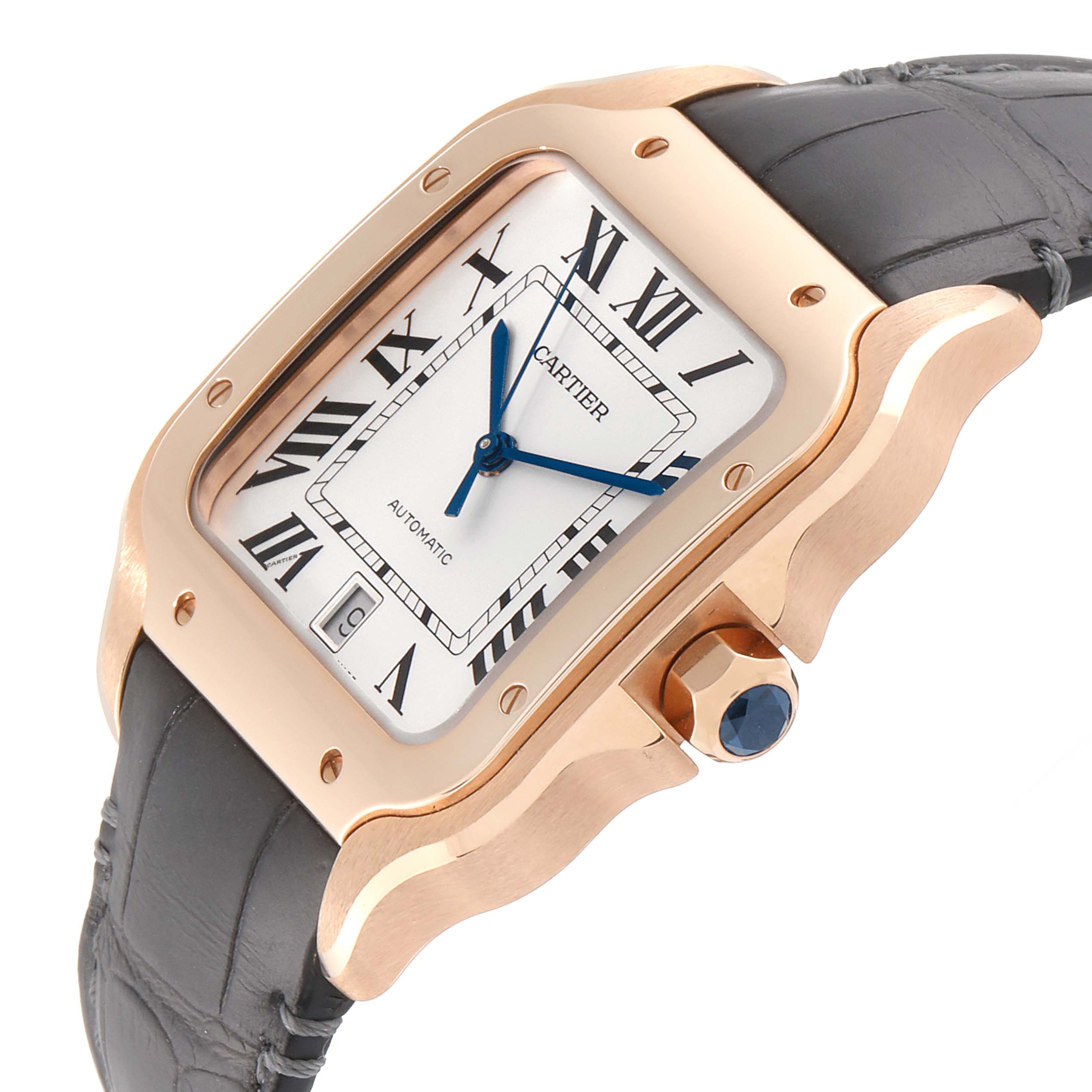 The Cartier Santos WGSA0011 Men's Rose Gold Silver Dial WGSA0011 Men's Rose Gold Silver Dial watch is shown at a tilted angle, highlighting the face, bezel, crown, and part of the strap.