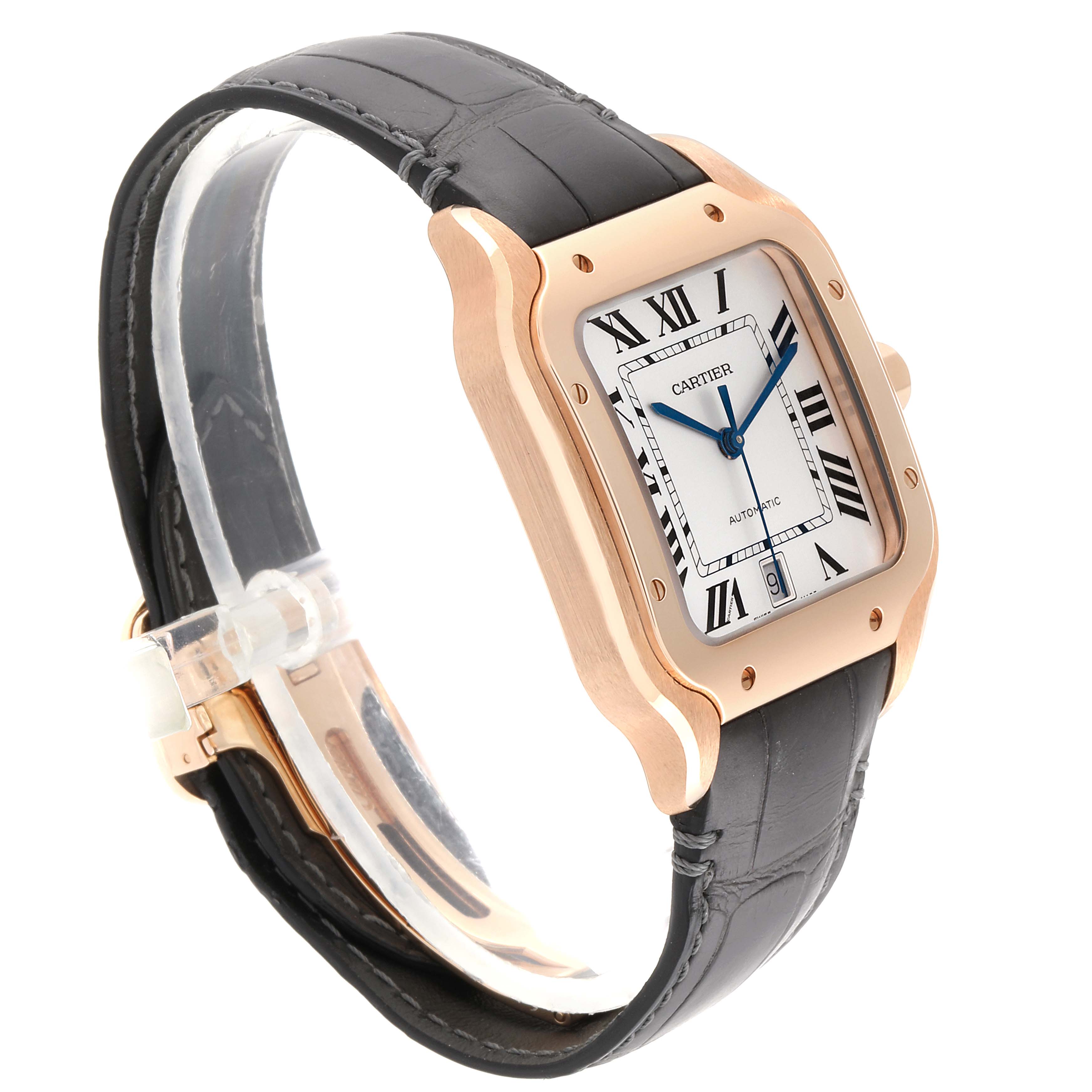 The Cartier Santos WGSA0011 Men's Rose Gold Silver Dial WGSA0011 Men's Rose Gold Silver Dial watch is shown at an angled side view, displaying its face, case, strap, and buckle.