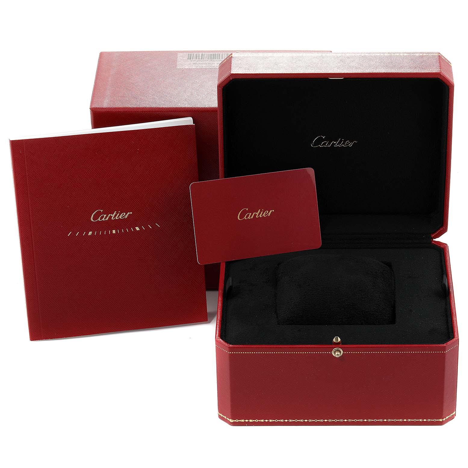 The image shows a Cartier Santos WGSA0011 Men's Rose Gold Silver Dial WGSA0011 Men's Rose Gold Silver Dial watch box, booklet, and card from a front angle.