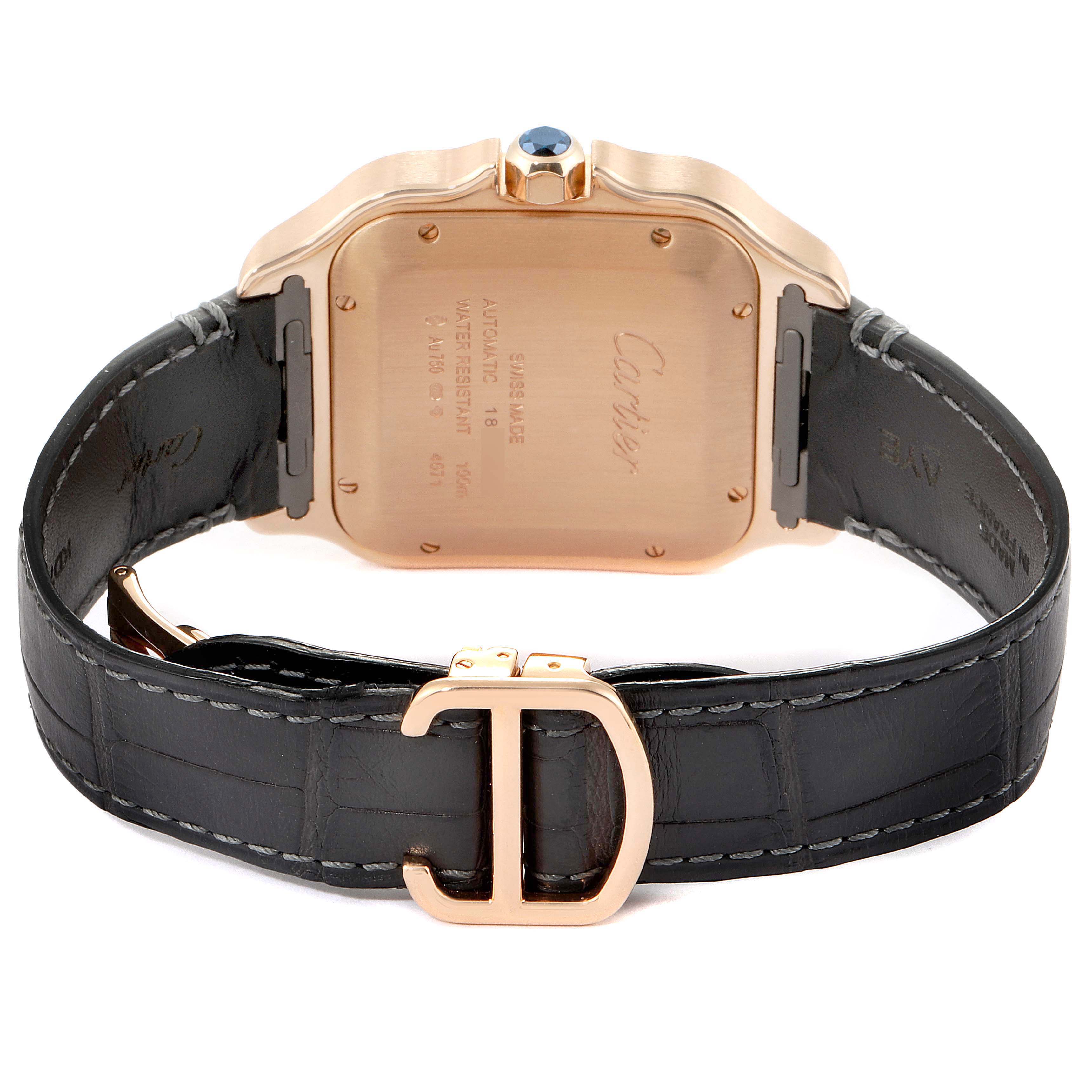 This image shows the back view of a Cartier Santos WGSA0011 Men's Rose Gold Silver Dial WGSA0011 Men's Rose Gold Silver Dial model watch with its leather strap and buckle visible.