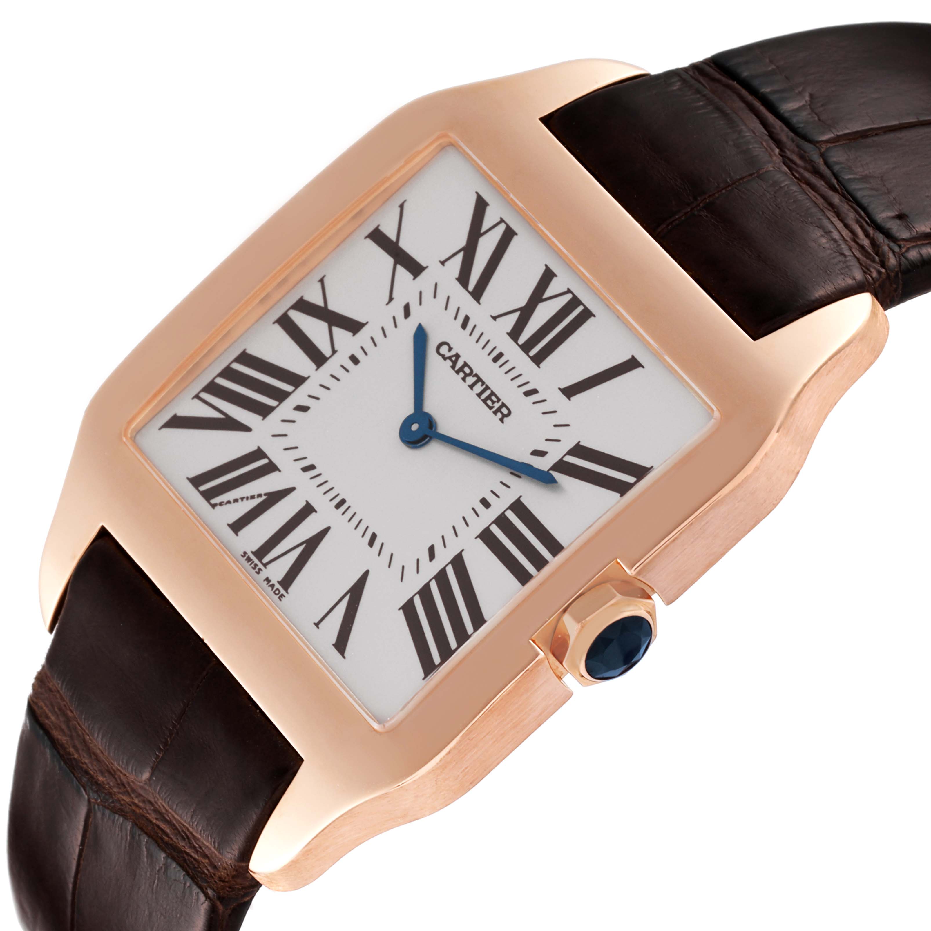 This image shows a close-up, angled view of the Cartier Santos Dumont W2020034 Men's Rose Gold Silver Dial W2020034 Men's Rose Gold Silver Dial watch, highlighting the face, case, and crown.