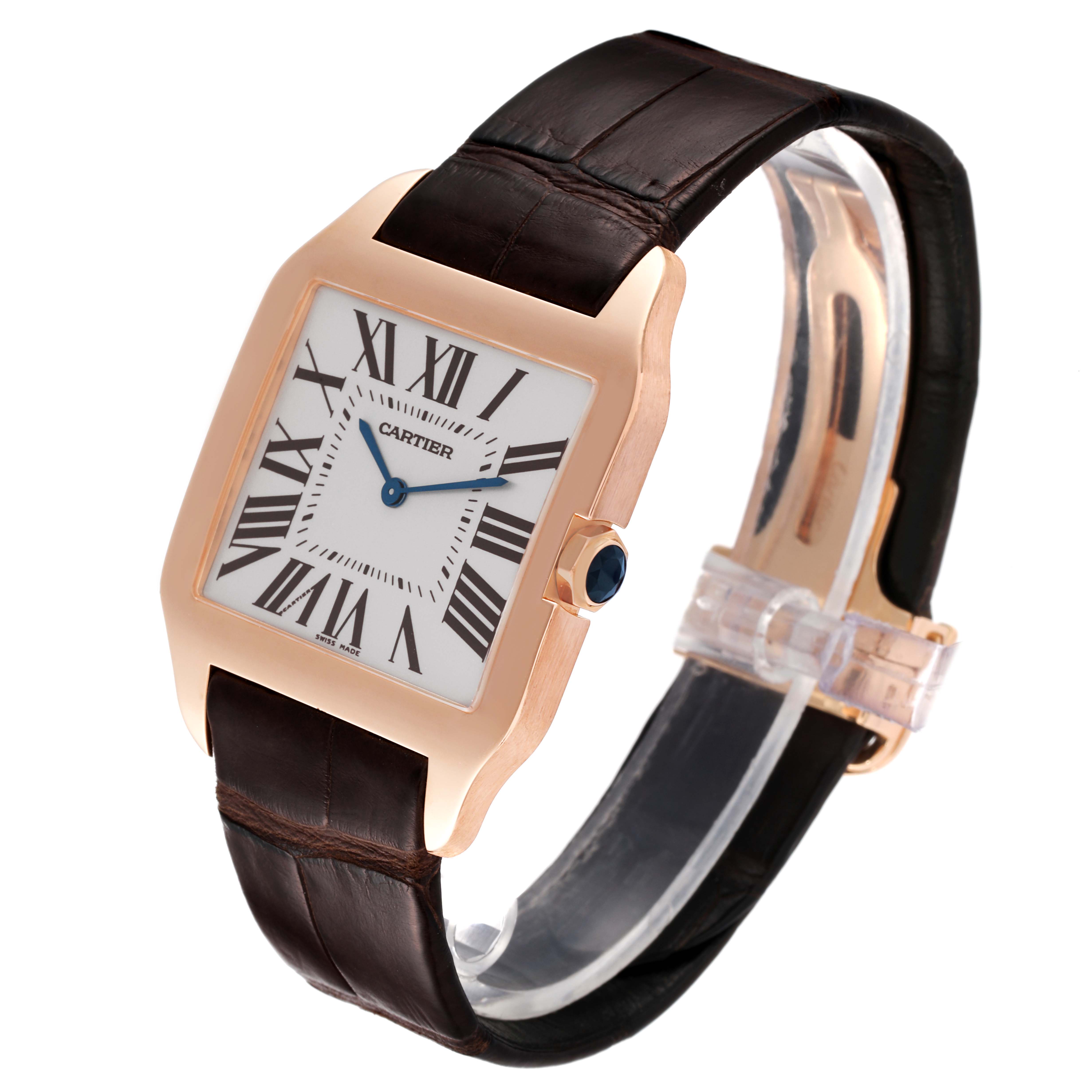 This image shows the Cartier Santos Dumont W2020034 Men's Rose Gold Silver Dial W2020034 Men's Rose Gold Silver Dial watch from a front angle featuring its dial, case, crown, and leather strap.
