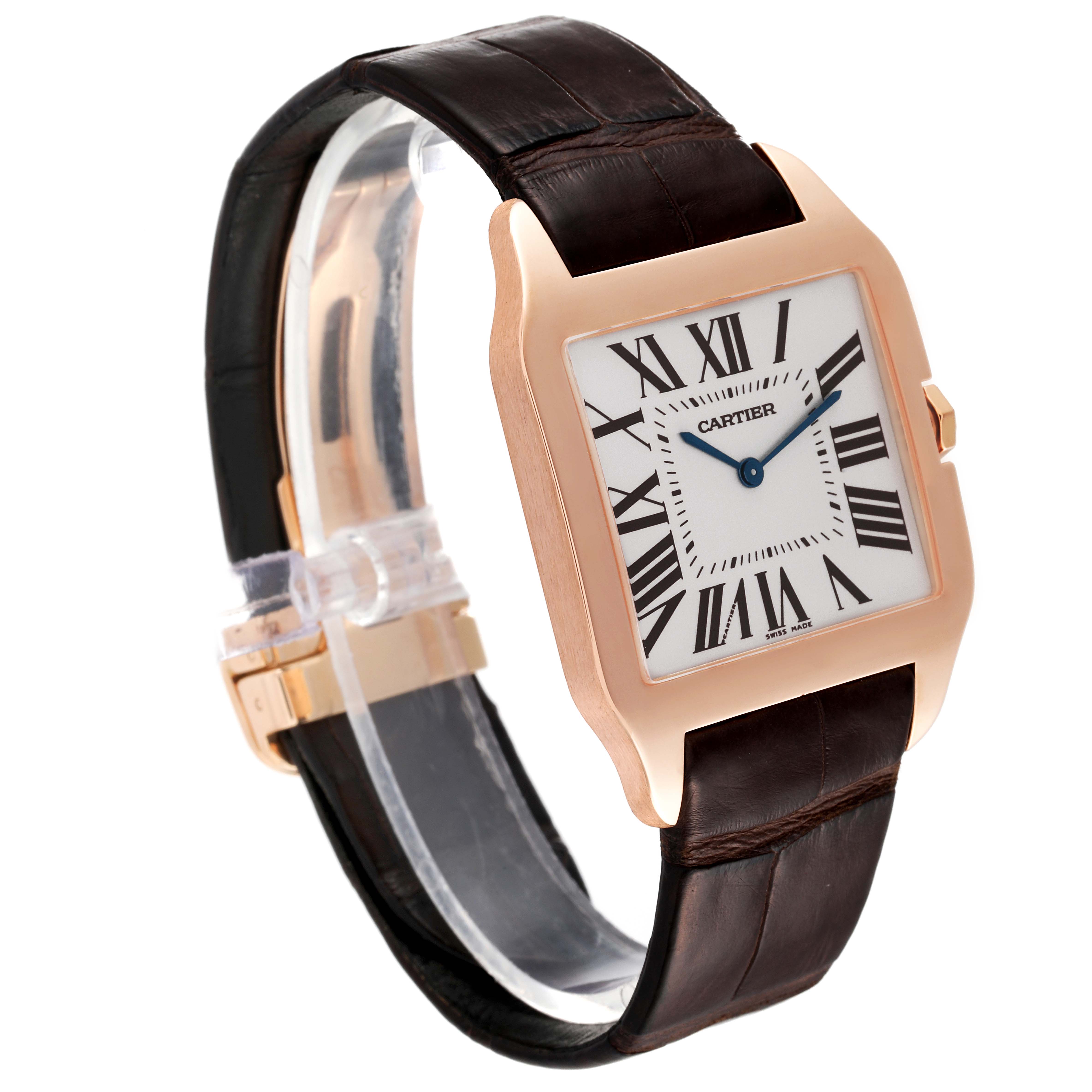 The Cartier Santos Dumont W2020034 Men's Rose Gold Silver Dial W2020034 Men's Rose Gold Silver Dial watch is shown at a slight angle, highlighting its rectangular face, Roman numerals, and leather strap.