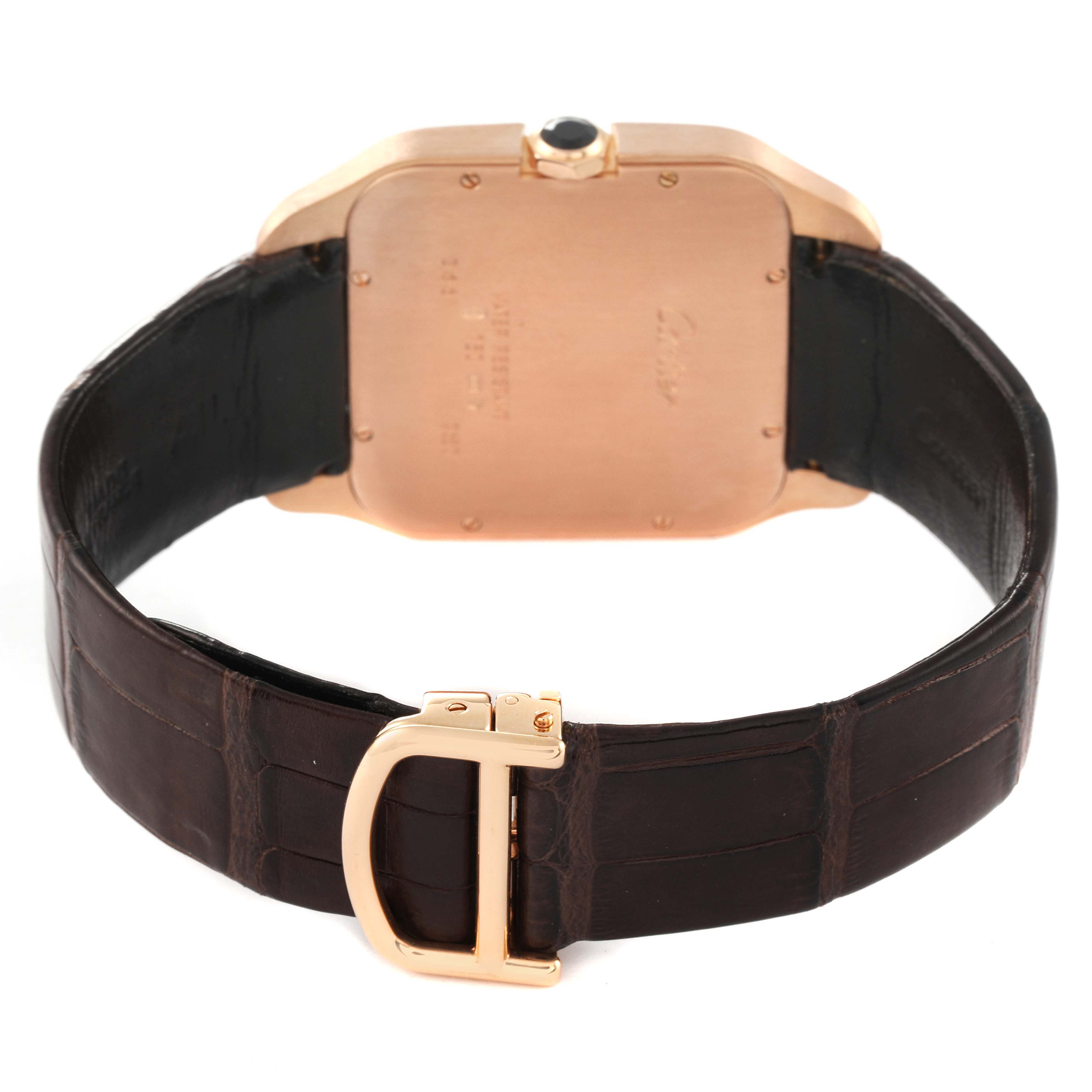 This image shows the back casing and strap of a Santos Dumont watch by Cartier at a rear angle.