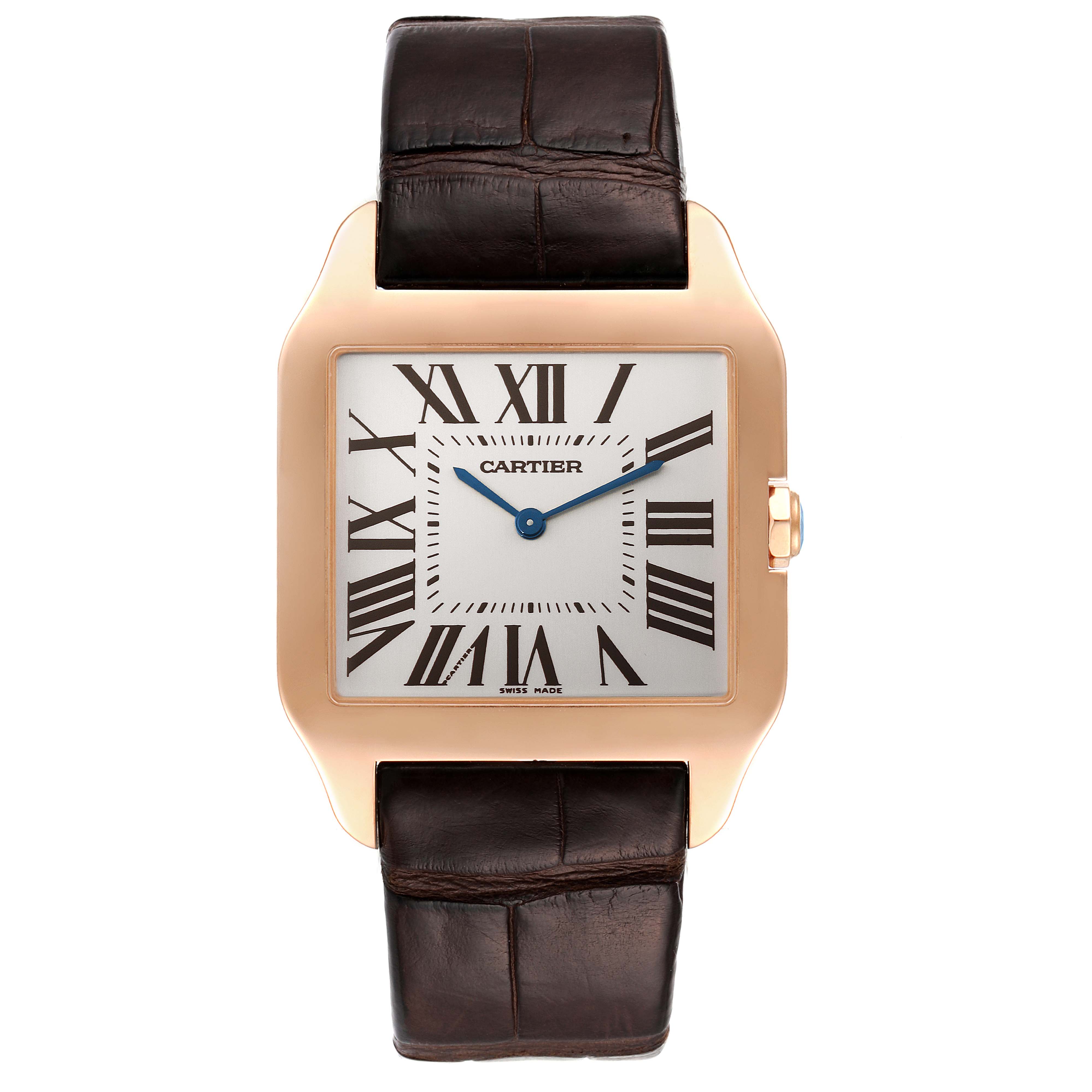 This image shows a frontal view of the Cartier Santos Dumont W2020034 Men's Rose Gold Silver Dial W2020034 Men's Rose Gold Silver Dial watch, featuring its square face, Roman numerals, and leather strap.