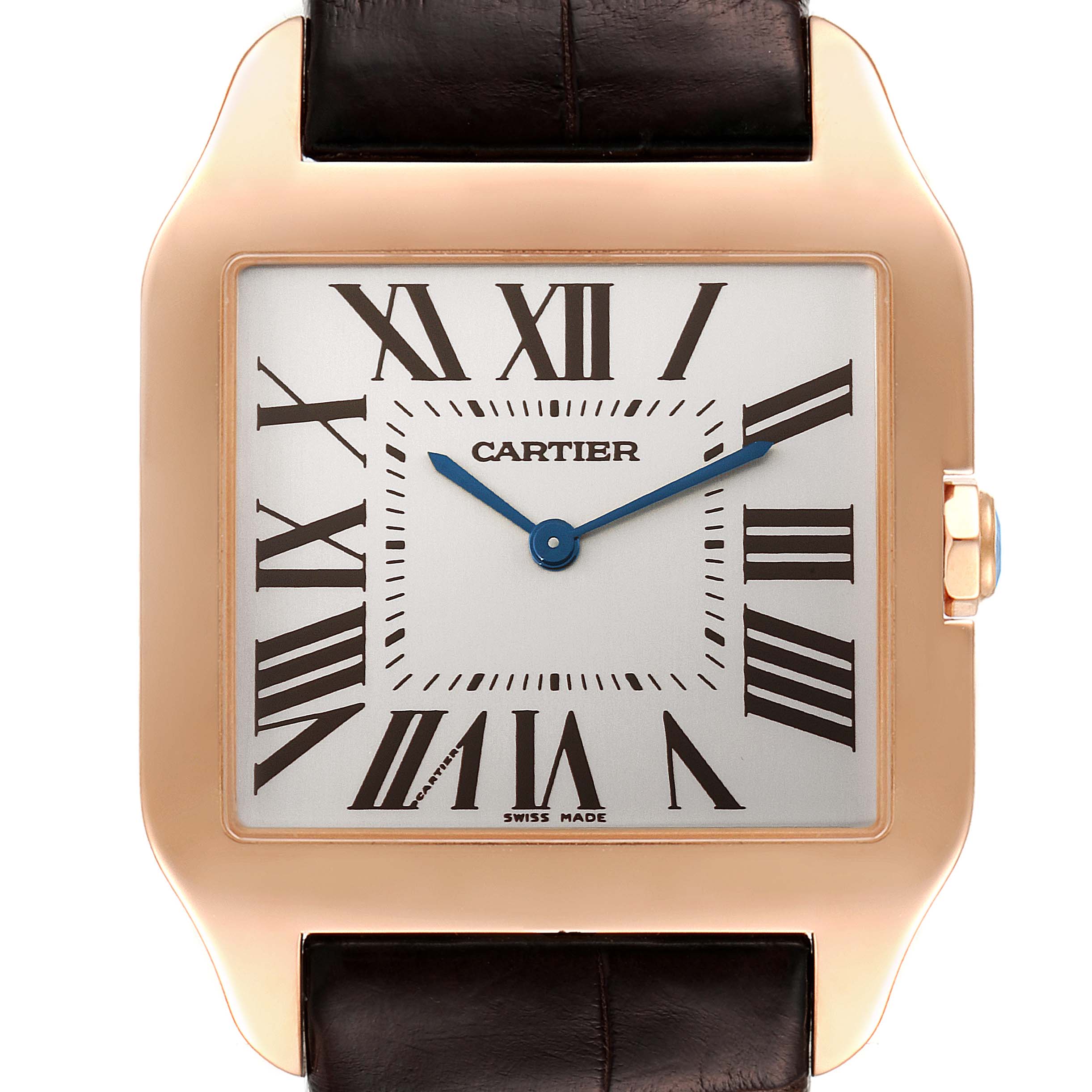 This image shows a close-up view of the Cartier Santos Dumont W2020034 Men's Rose Gold Silver Dial W2020034 Men's Rose Gold Silver Dial watch's face, showcasing its Roman numerals and hands.