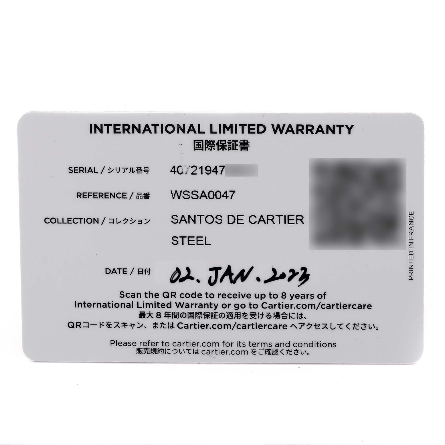 The image shows an International Limited Warranty card for the Santos de Cartier watch by Cartier, model WSSA0047.