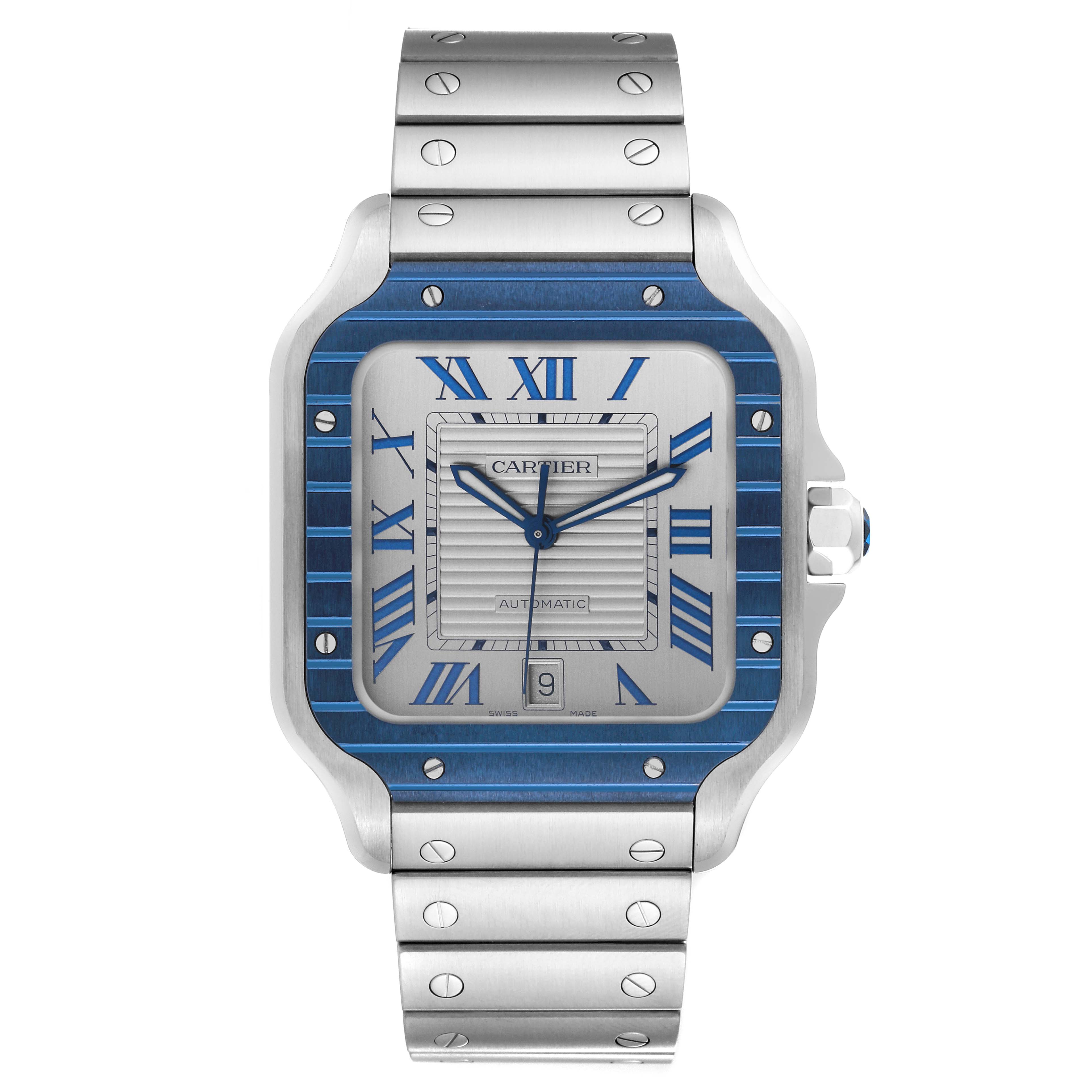 The image shows a front view of the Cartier Santos WSSA0047 Men's Stainless Steel Silver Dial WSSA0047 Men's Stainless Steel Silver Dial watch, showcasing its face, bezel, and part of the bracelet.