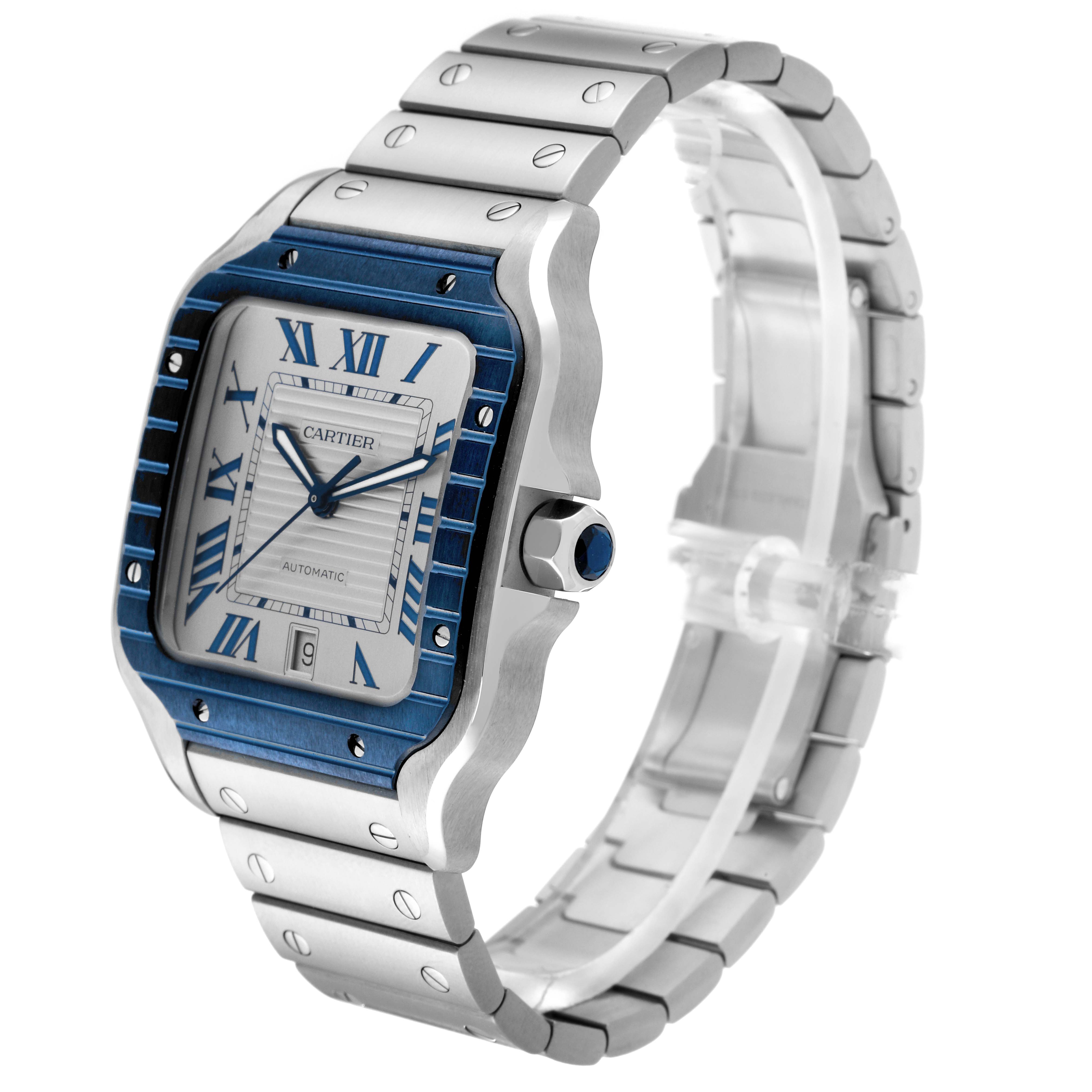 The image shows a Cartier Santos WSSA0047 Men's Stainless Steel Silver Dial WSSA0047 Men's Stainless Steel Silver Dial watch from a front-side angle, highlighting its blue bezel, white dial, and metal bracelet.