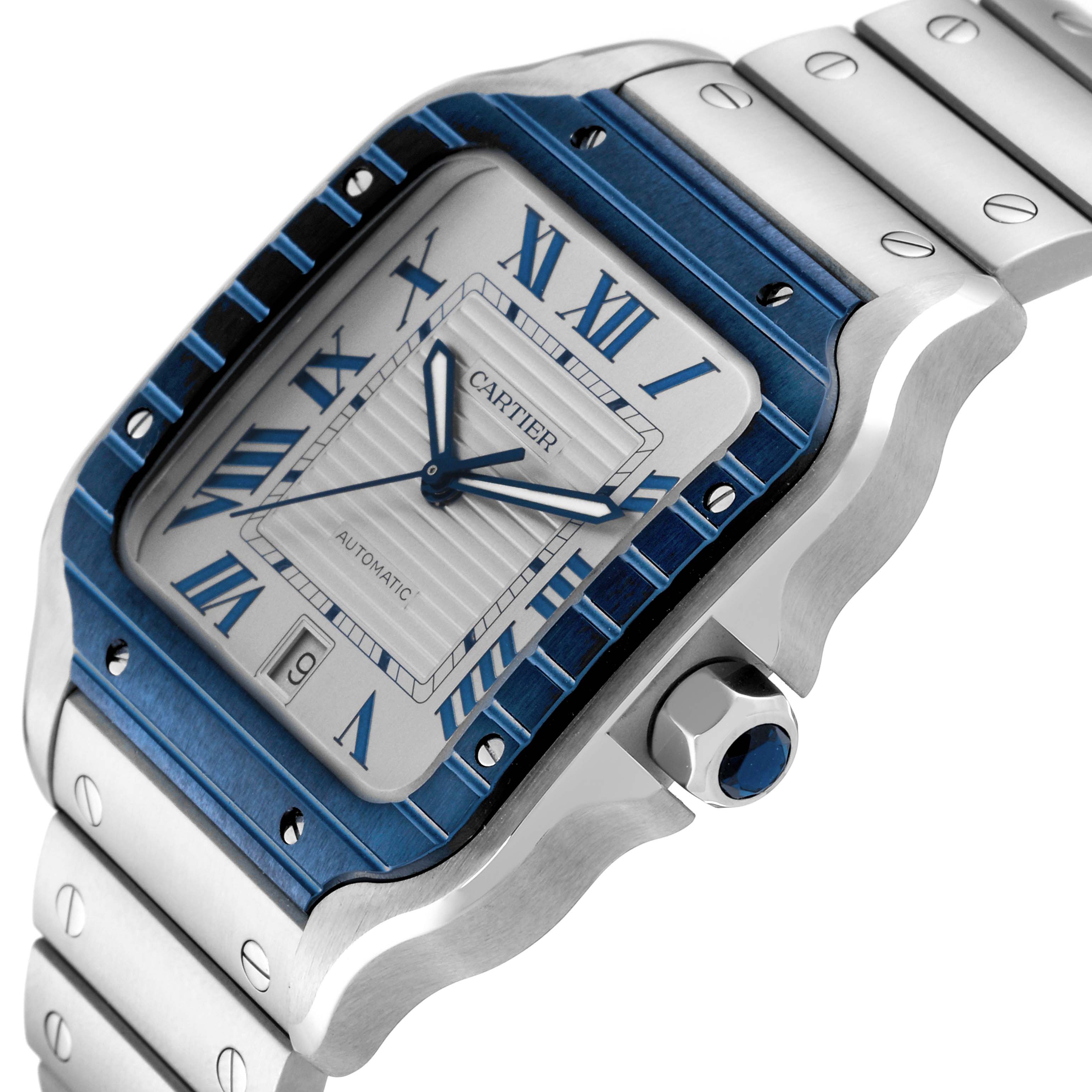 The image shows a close-up angled view of the face and part of the bracelet of a Cartier Santos WSSA0047 Men's Stainless Steel Silver Dial WSSA0047 Men's Stainless Steel Silver Dial watch.