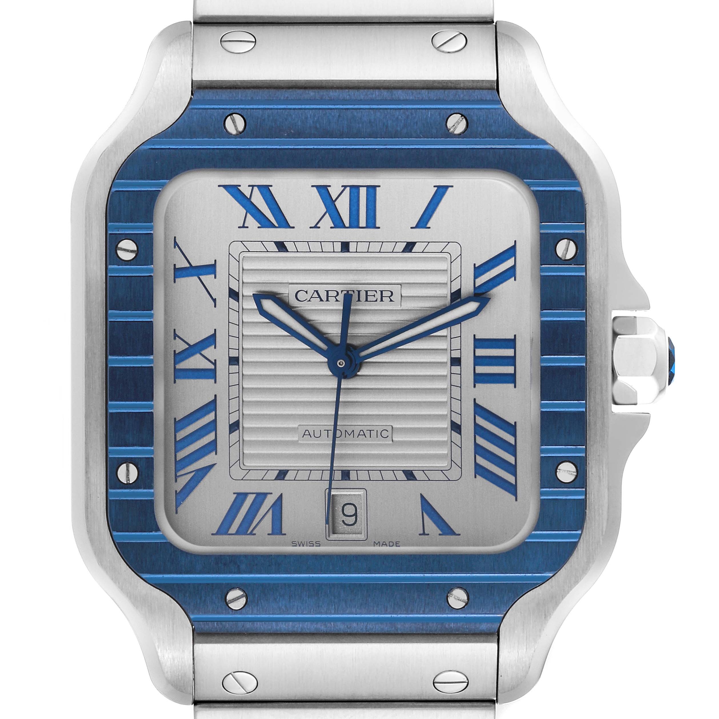 This close-up image shows the face and bezel of the Cartier Santos WSSA0047 Men's Stainless Steel Silver Dial WSSA0047 Men's Stainless Steel Silver Dial watch, highlighting the Roman numerals and date display.
