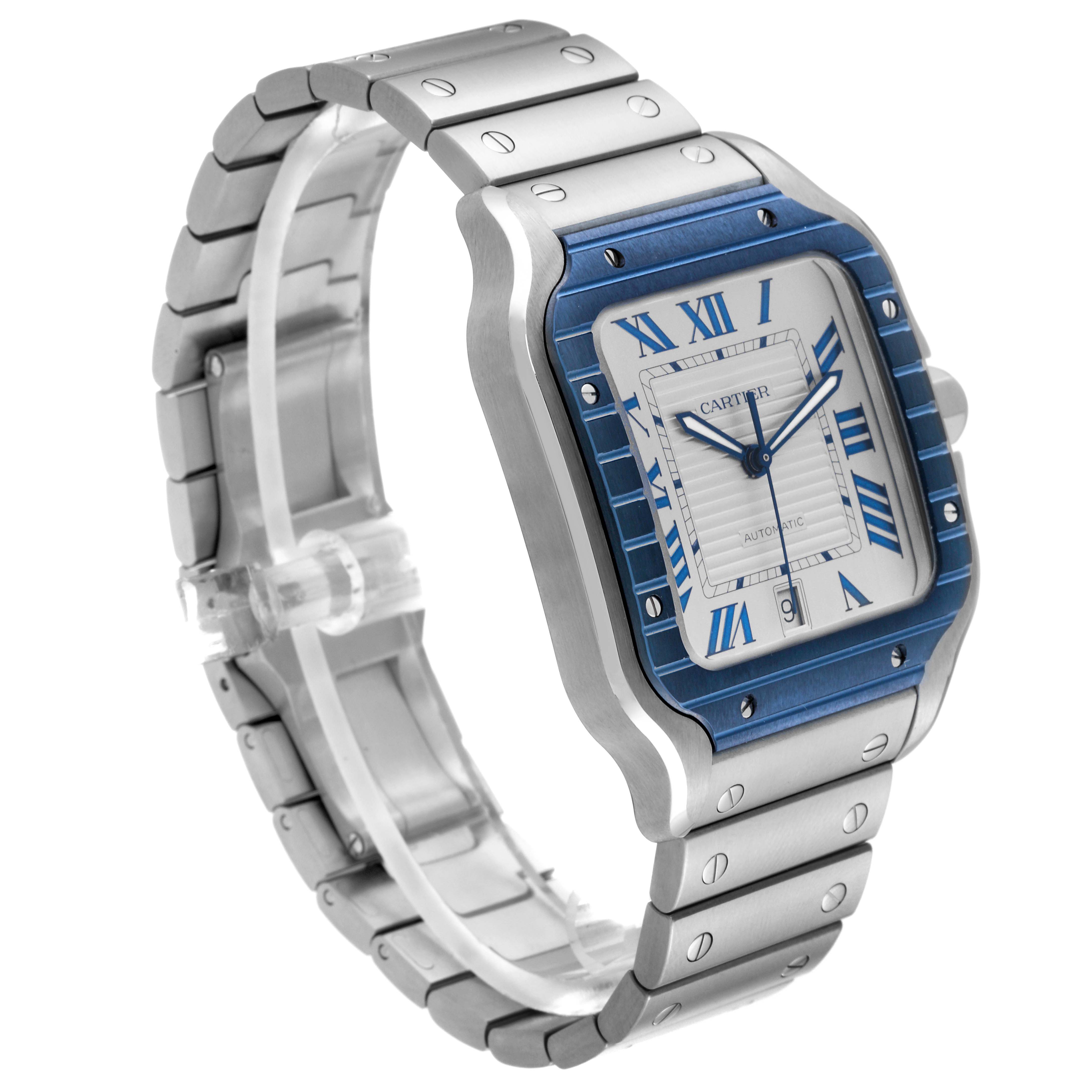 The image displays a Cartier Santos WSSA0047 Men's Stainless Steel Silver Dial WSSA0047 Men's Stainless Steel Silver Dial model watch at a slight angle, highlighting the face, bezel, and part of the stainless steel bracelet.