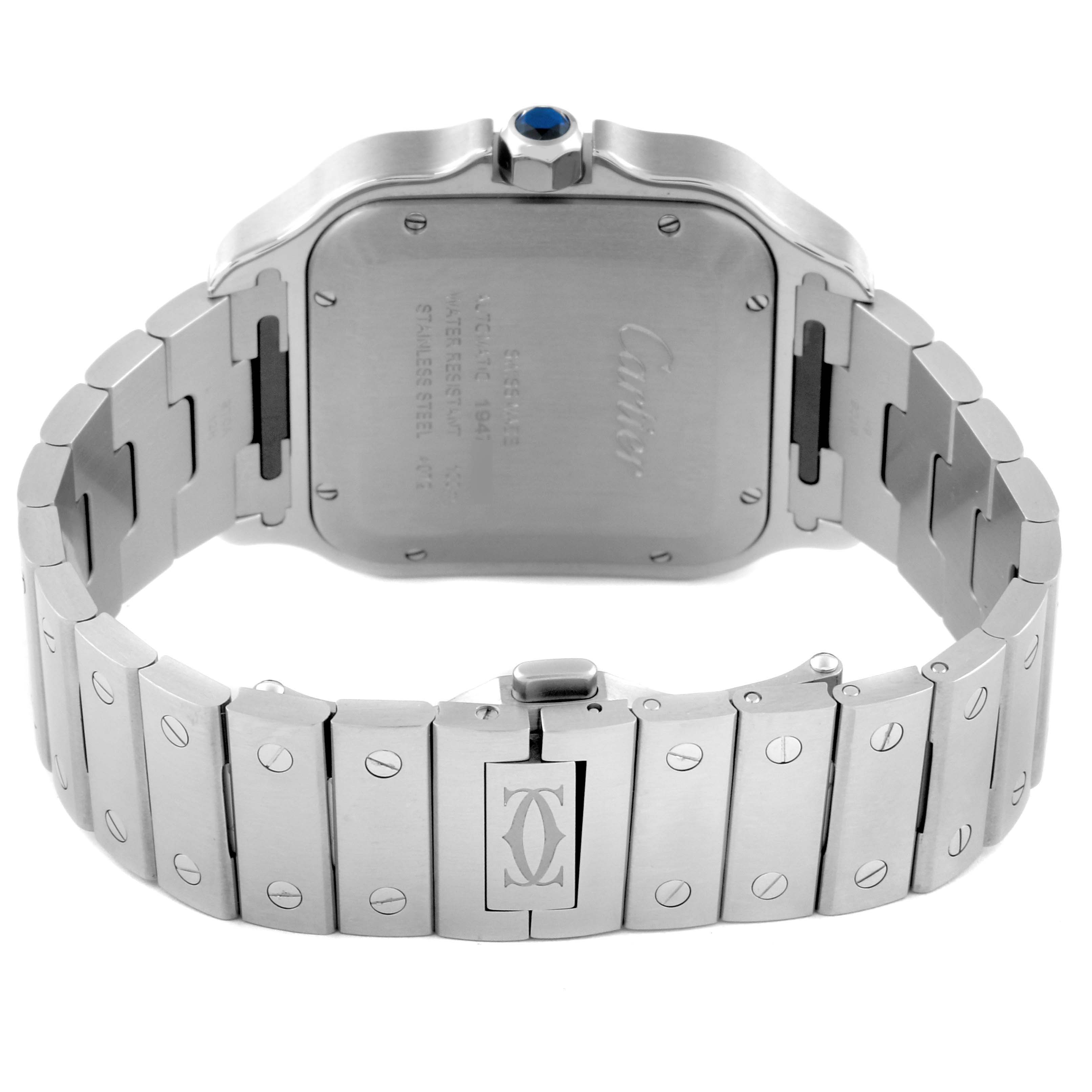 The image shows the back and bracelet of the Cartier Santos WSSA0047 Men's Stainless Steel Silver Dial WSSA0047 Men's Stainless Steel Silver Dial watch, highlighting the case back, links, and clasp.