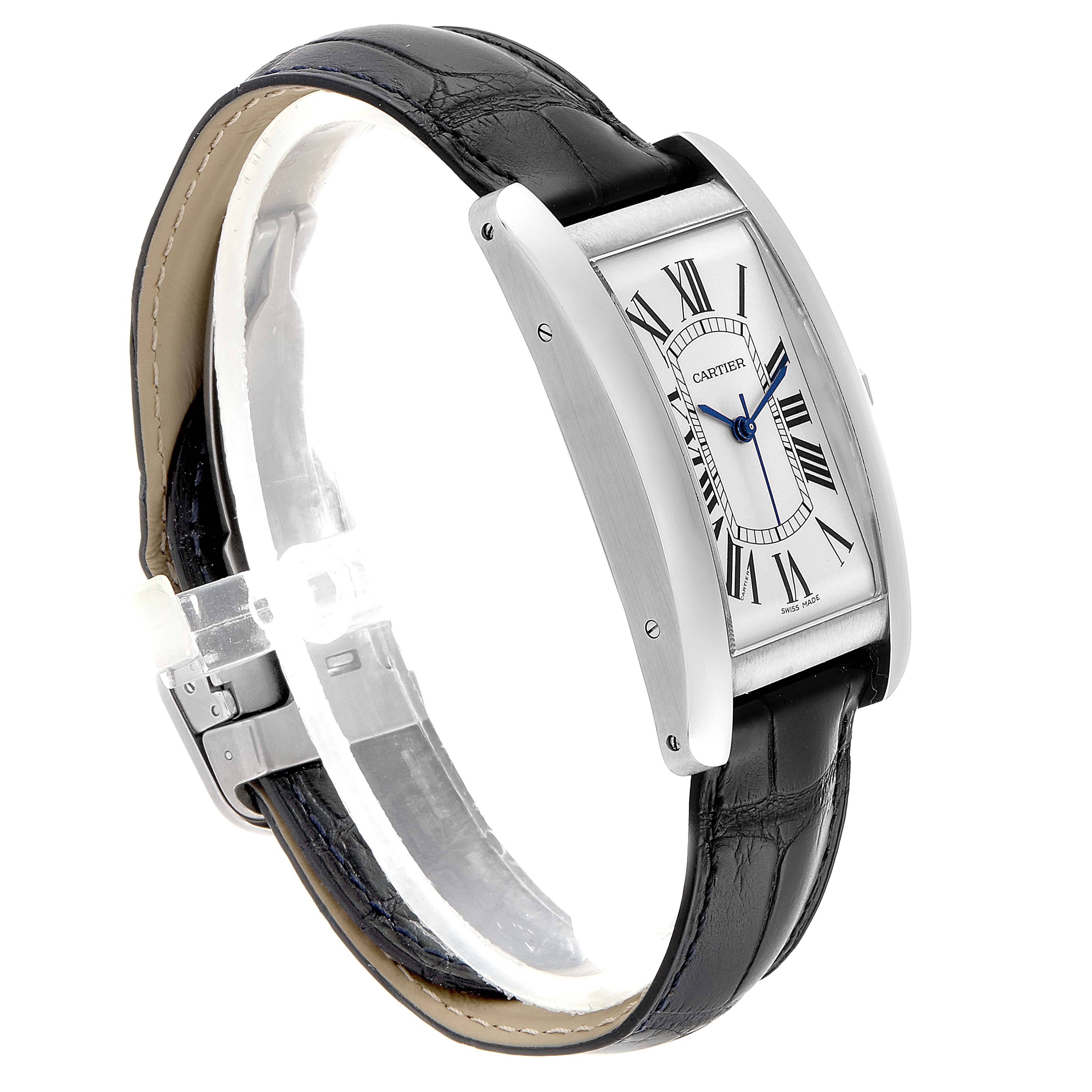 The image shows a Cartier Tank Américaine watch at a slight side angle, displaying its face, case, and leather strap.
