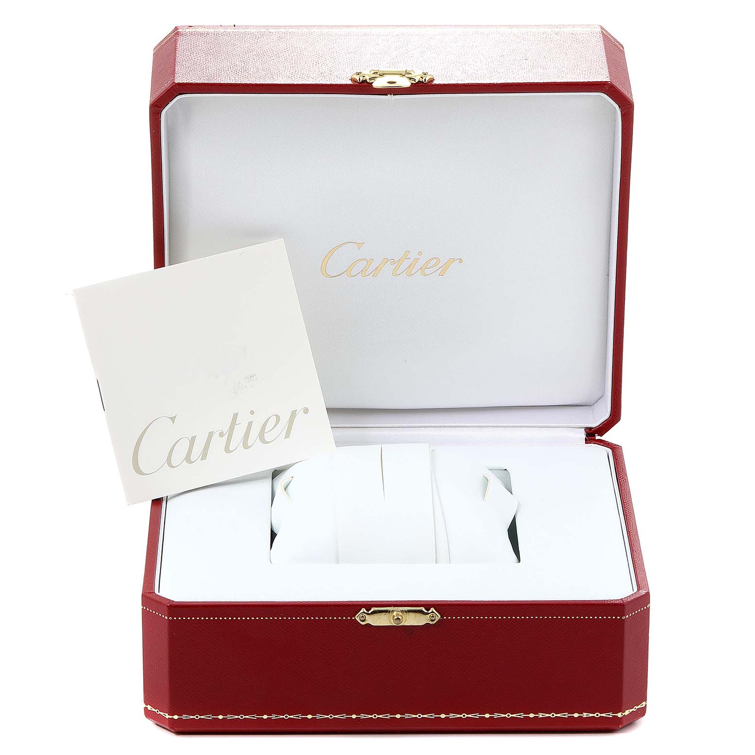 The image shows the open box and documentation for a Cartier Tank Américaine watch, but not the watch itself.