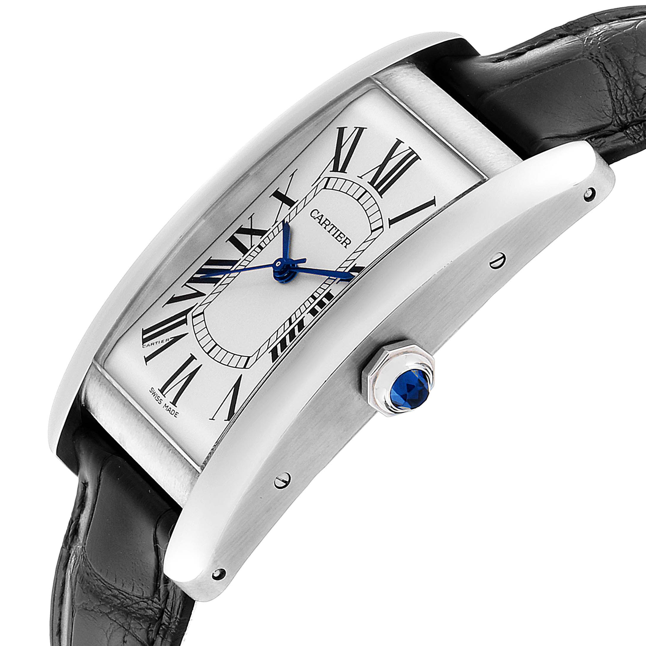This image shows a side view of the Cartier Tank Americaine WSTA0018 Men's Stainless Steel Silver Dial WSTA0018 Men's Stainless Steel Silver Dial watch, highlighting the face, case, crown, and strap.