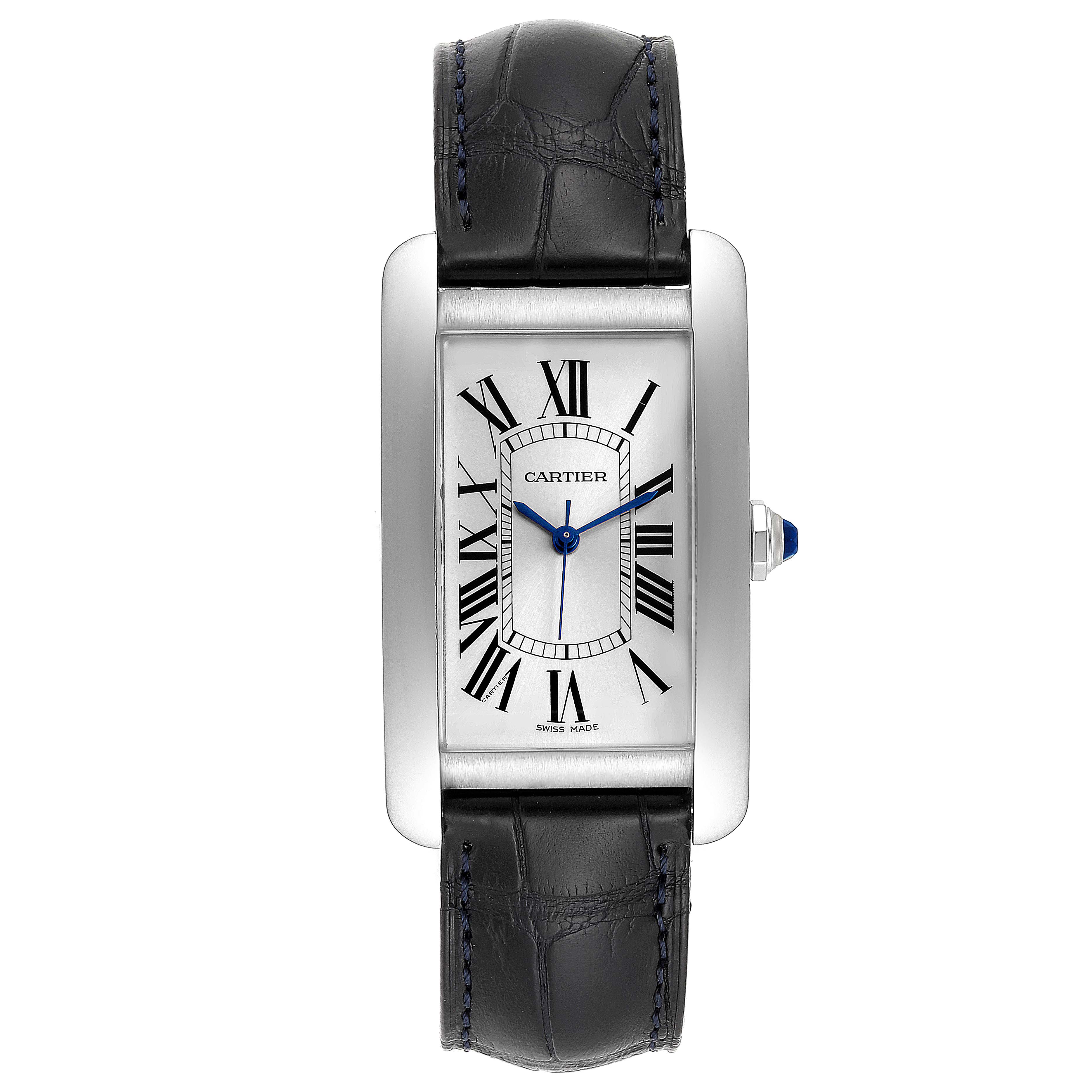 This image shows a front view of a Cartier Tank Americaine WSTA0018 Men's Stainless Steel Silver Dial WSTA0018 Men's Stainless Steel Silver Dial watch, featuring a rectangular face, Roman numerals, and a black leather strap.