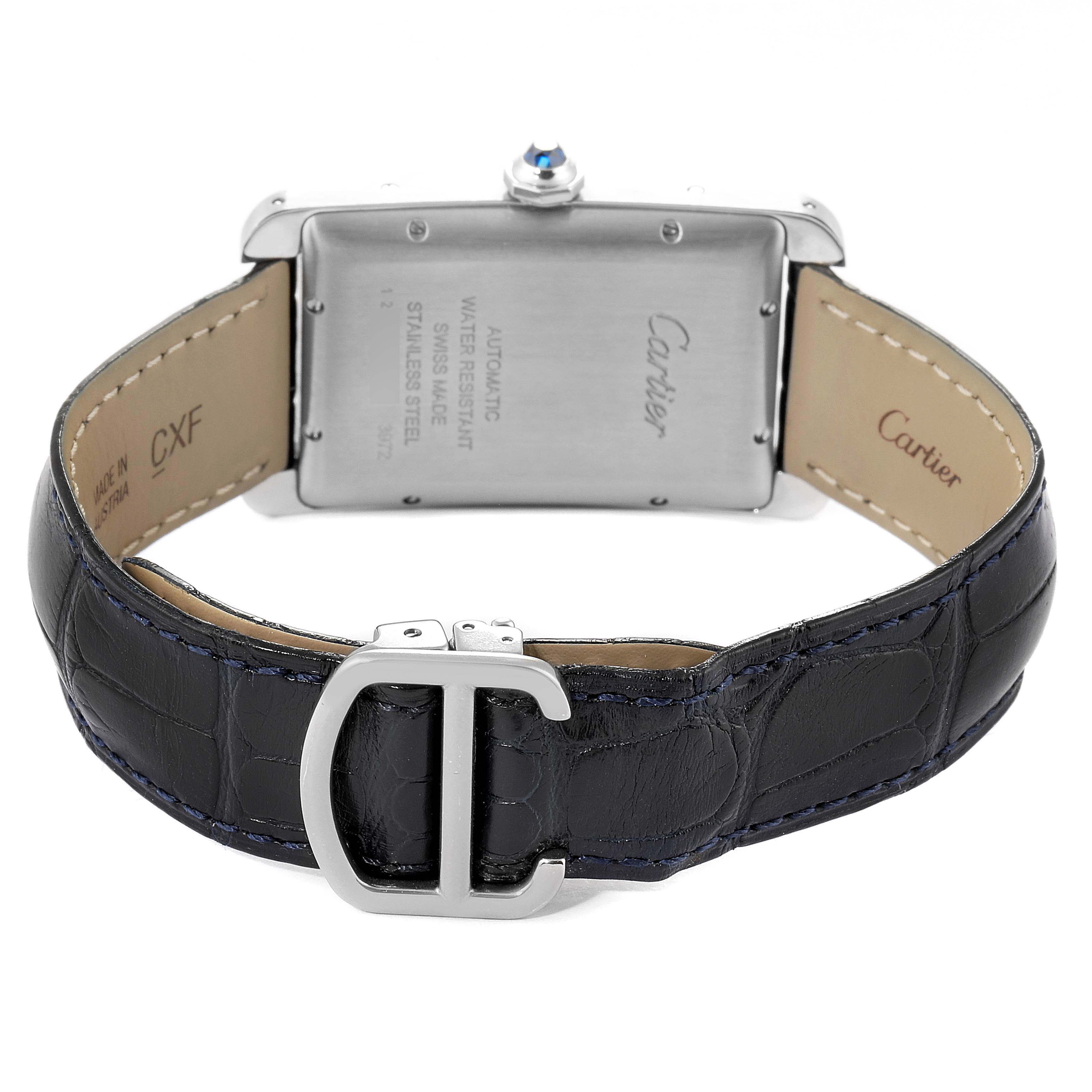 This image shows the back of a Cartier Tank Americaine WSTA0018 Men's Stainless Steel Silver Dial WSTA0018 Men's Stainless Steel Silver Dial watch, highlighting the leather strap and stainless steel case.