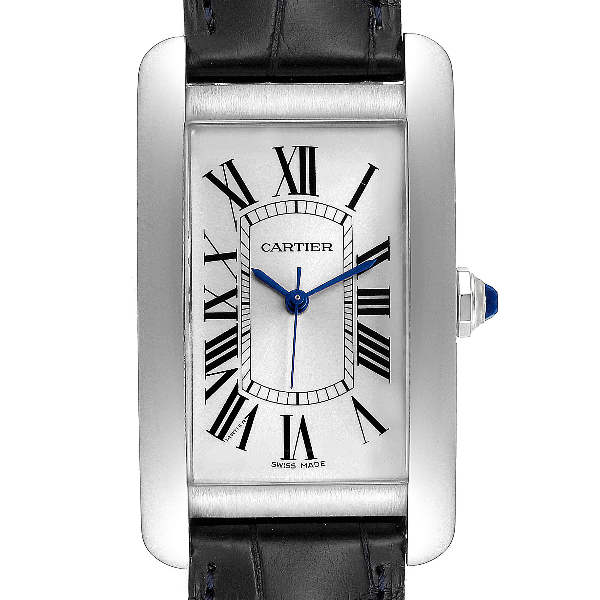 This is a Cartier Tank Americaine WSTA0018 Men's Stainless Steel Silver Dial WSTA0018 Men's Stainless Steel Silver Dial watch showing a close-up of its rectangular face, Roman numerals, blue hands, and leather strap.