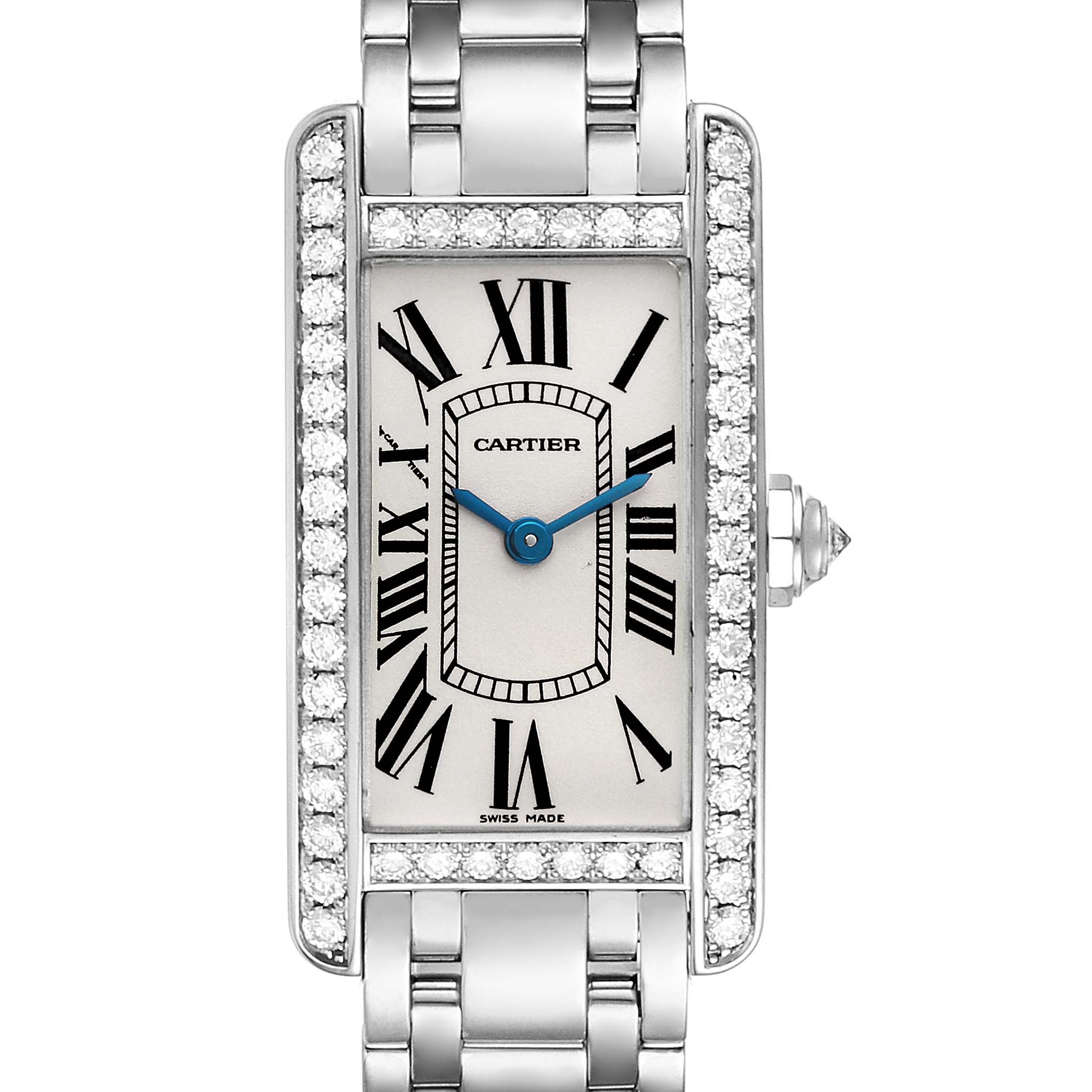This image shows the front view of a Cartier Tank Américaine watch, highlighting its rectangular face, Roman numerals, and jewelled bezel.