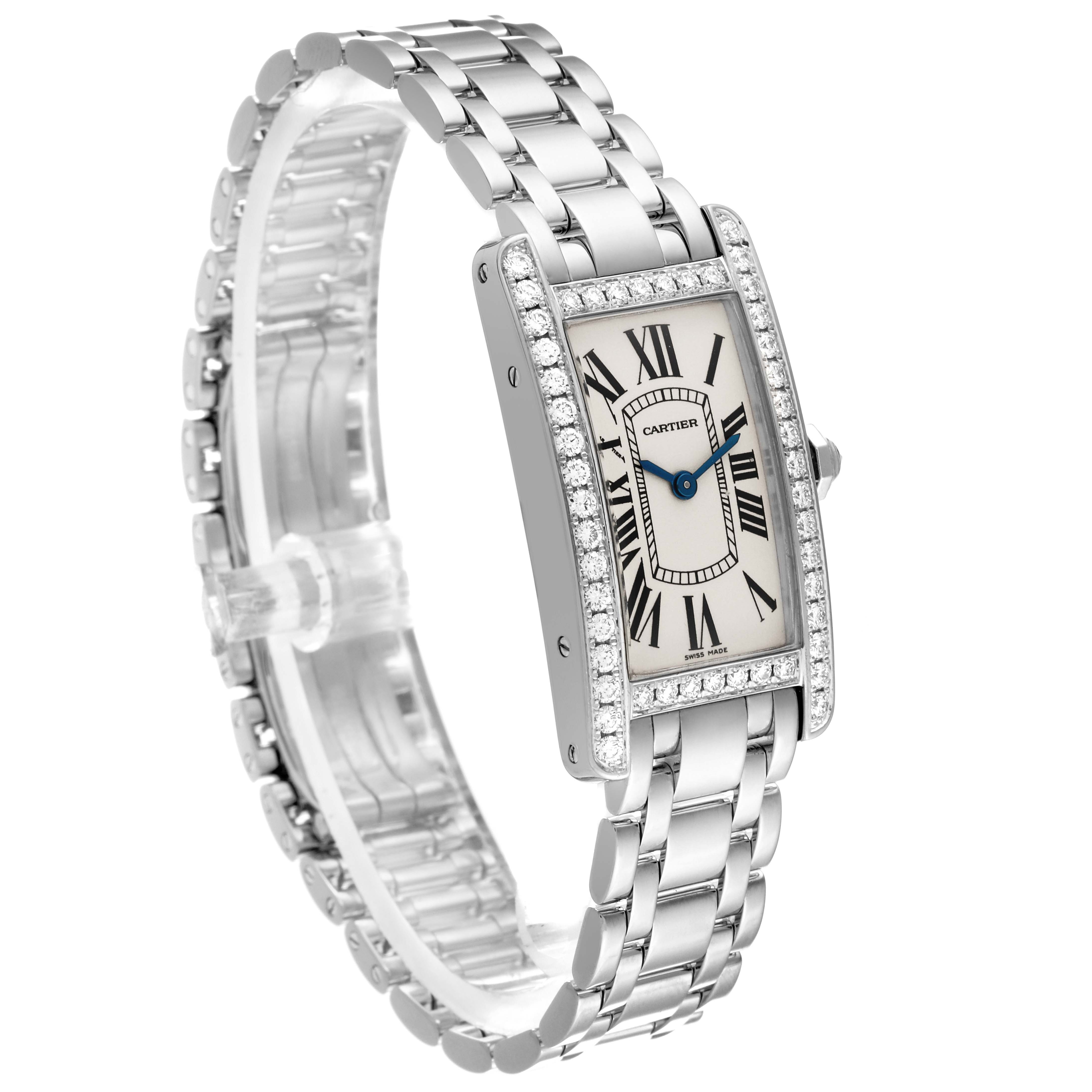 The Cartier Tank Americaine WB7073L1 Women's White Gold Silver Dial WB7073L1 Women's White Gold Silver Dial watch is shown at a three-quarter angle, highlighting its rectangular face, Roman numerals, and bracelet.