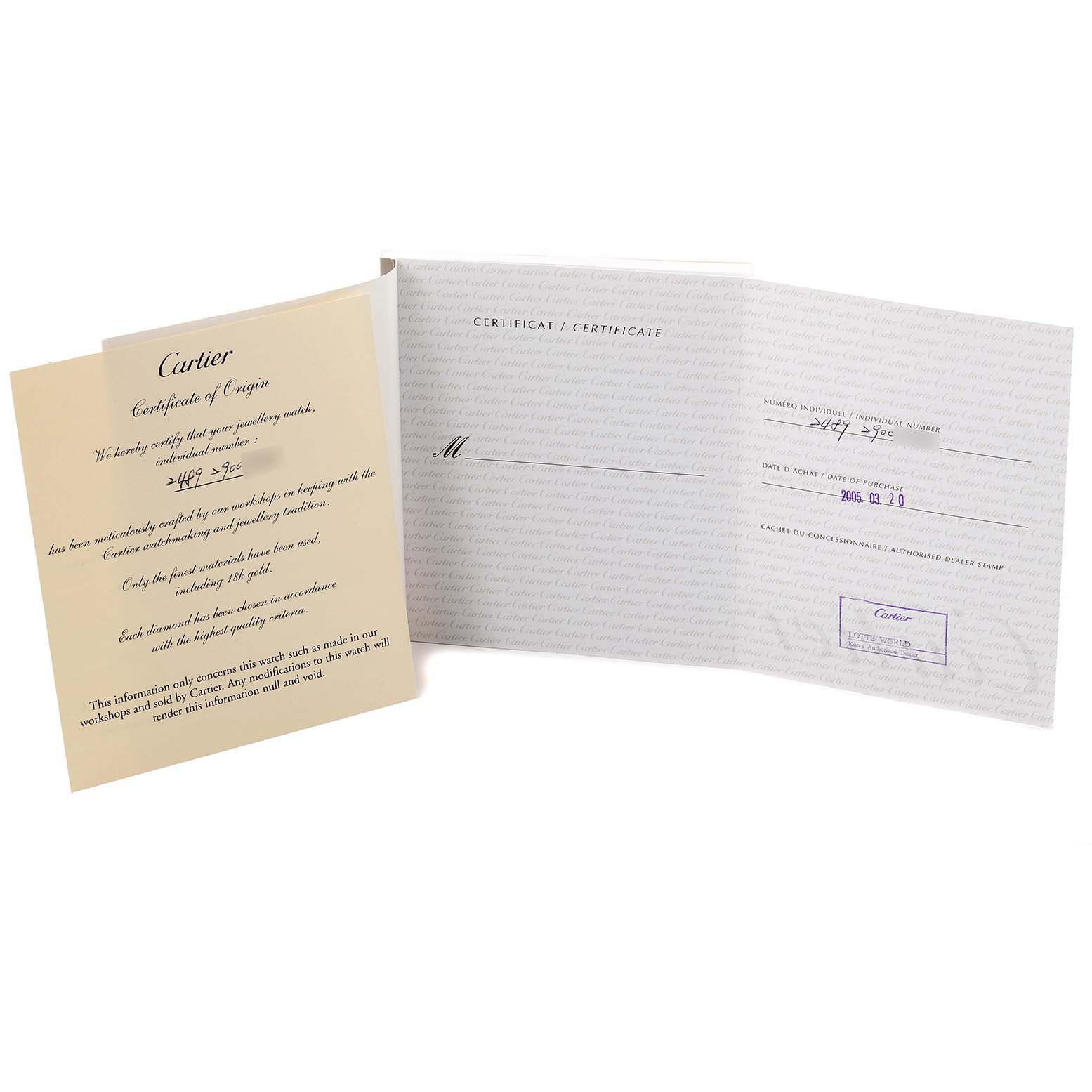 The image shows the Cartier Certificate of Origin and warranty booklet for the Tank Americaine watch model by Cartier.