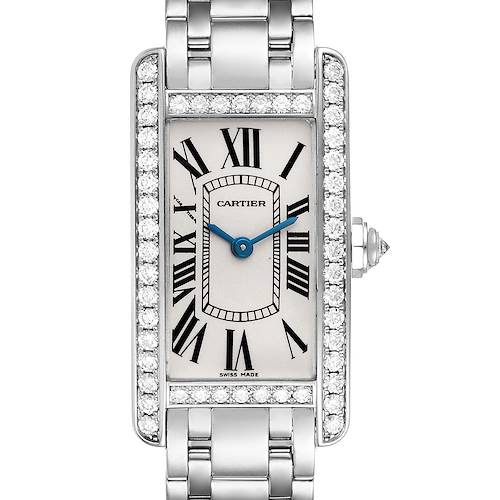 This image shows a top-down view of a Cartier Tank Americaine watch, highlighting its rectangular face, diamond bezel, and stainless steel bracelet.