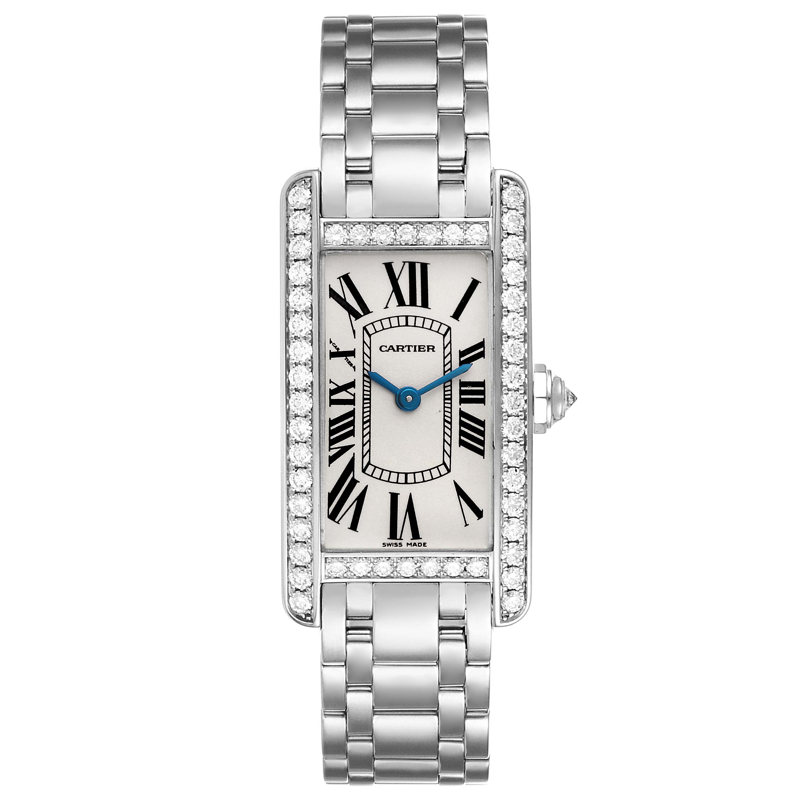 This is a front view of the Cartier Tank Americaine WB7073L1 Women's White Gold Silver Dial WB7073L1 Women's White Gold Silver Dial watch, showcasing the bracelet, dial, and bezel encrusted with diamonds.