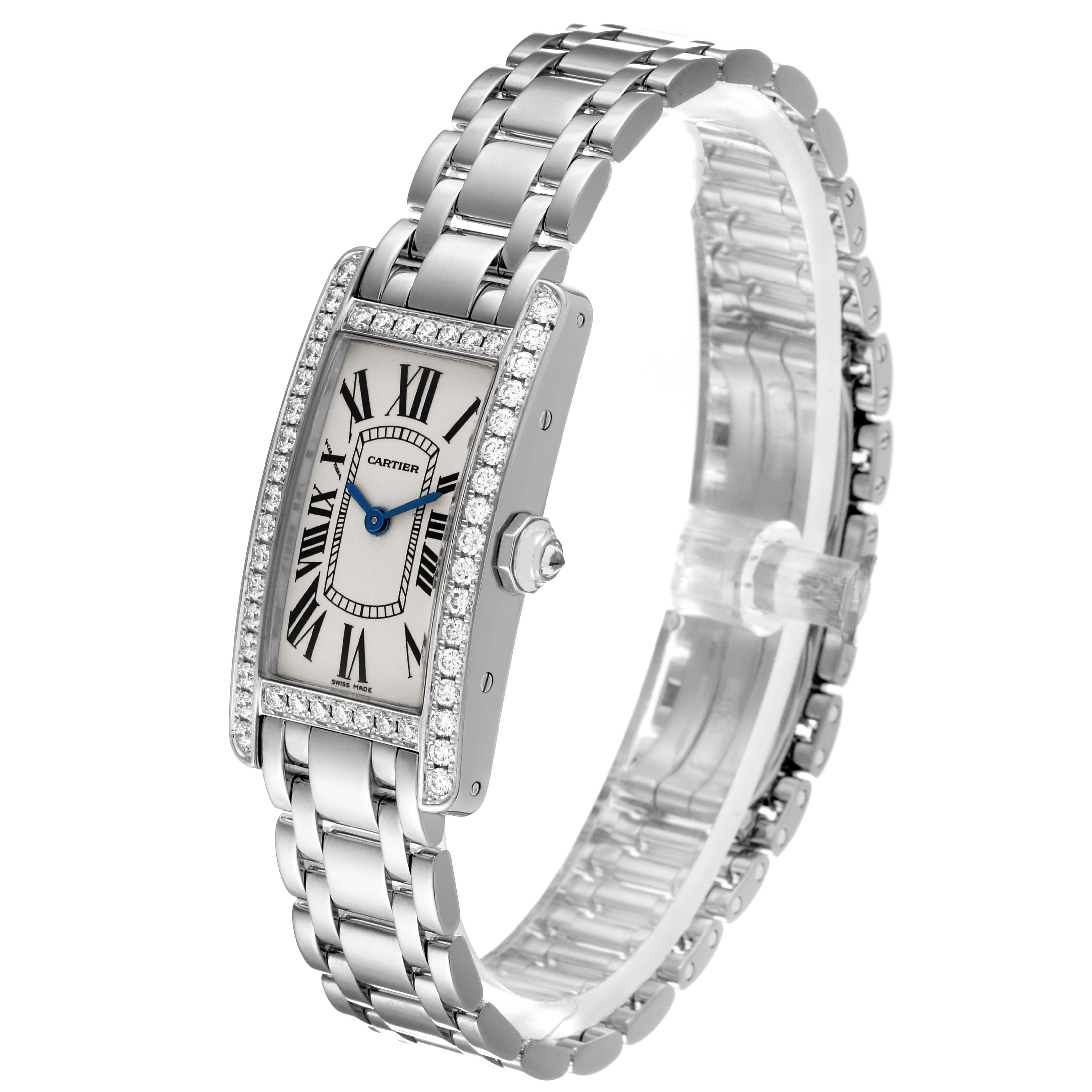 This image shows a Tank Americaine model by Cartier at a three-quarter angle, highlighting its rectangular face, bracelet, and diamond bezel.