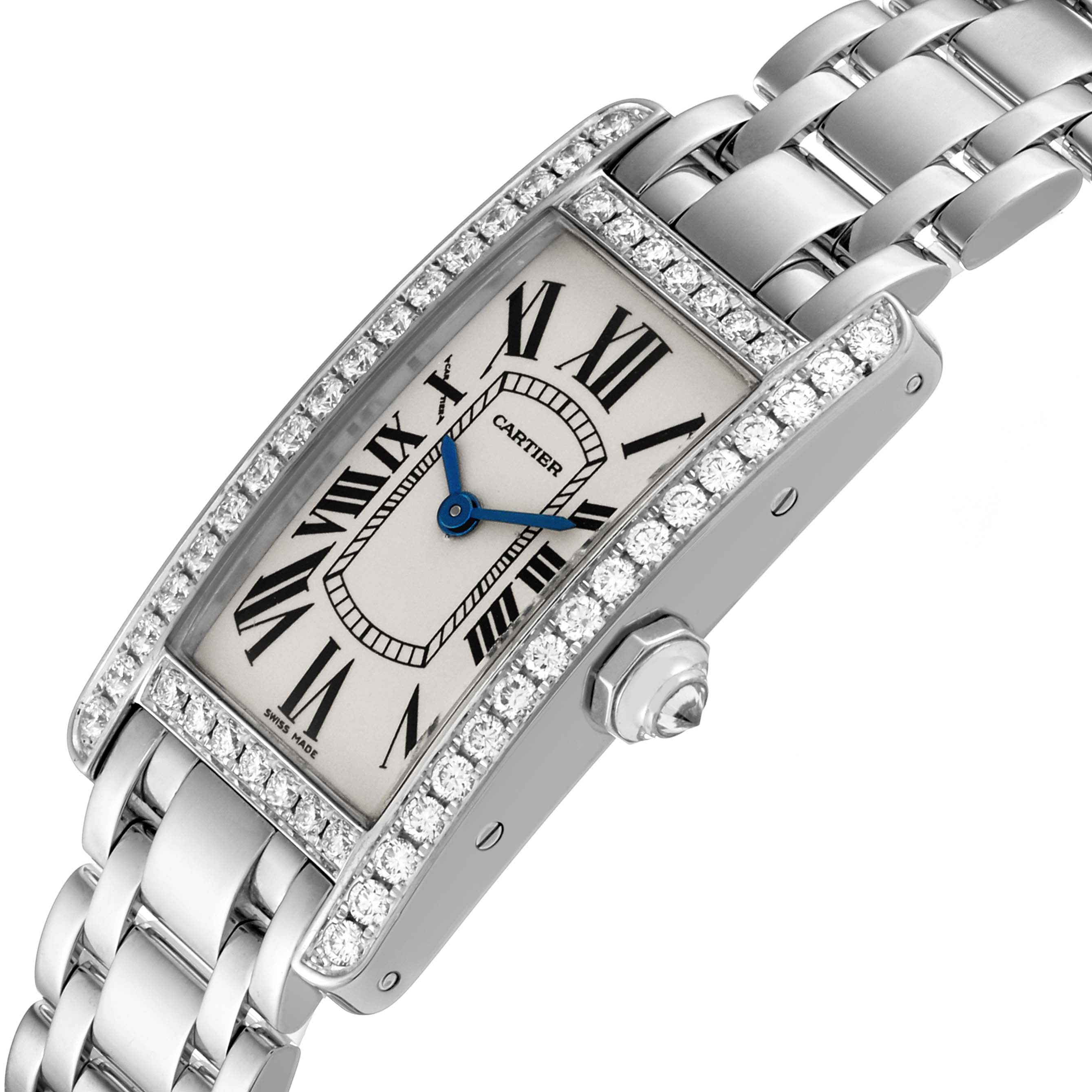 The image showcases a Cartier Tank Americaine WB7073L1 Women's White Gold Silver Dial WB7073L1 Women's White Gold Silver Dial watch from a close-up, angled to display its face, bracelet, crown, and diamond-encrusted bezel.