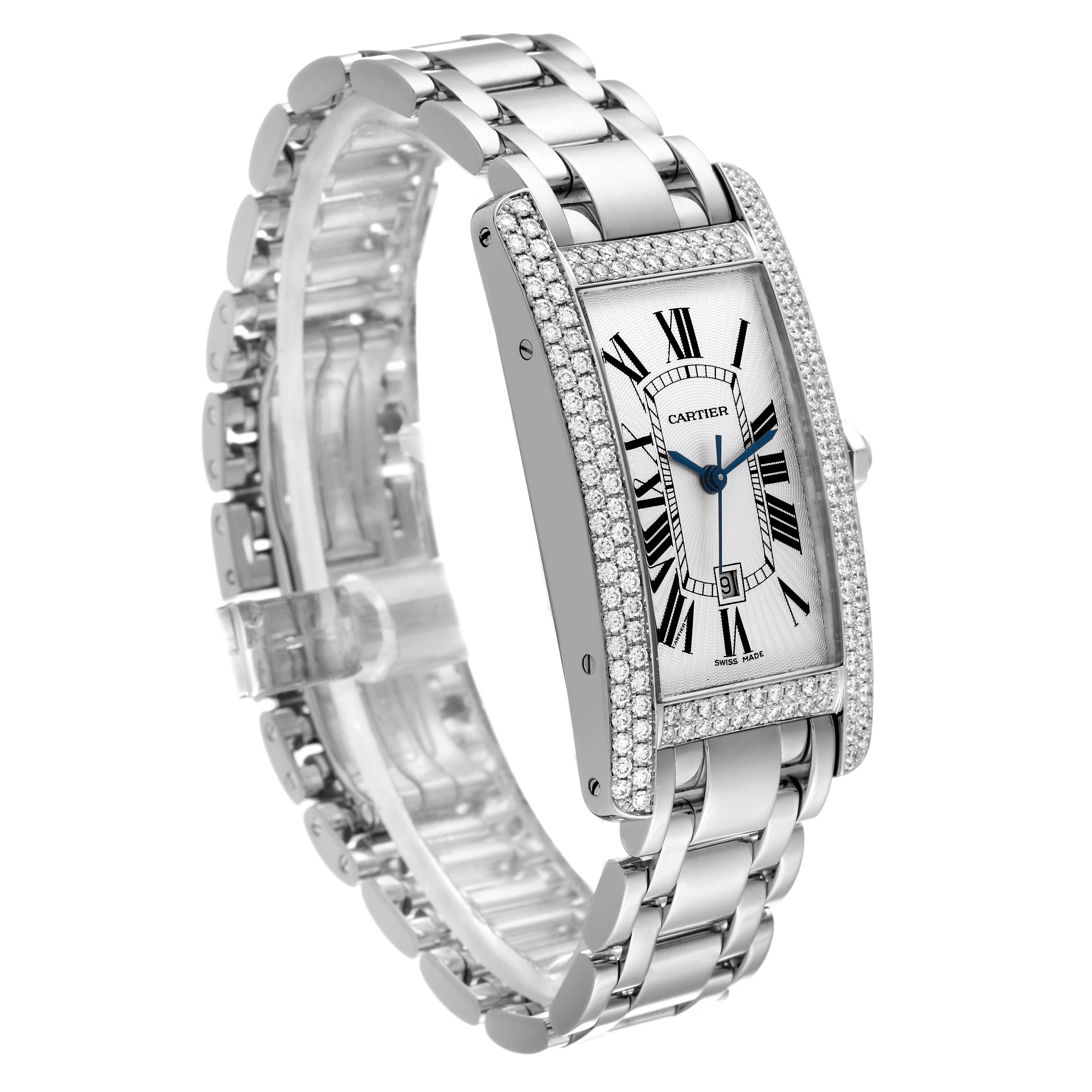 The image shows a Cartier Tank Américaine watch from a front and left-side angle, highlighting the face, bezel, and bracelet.